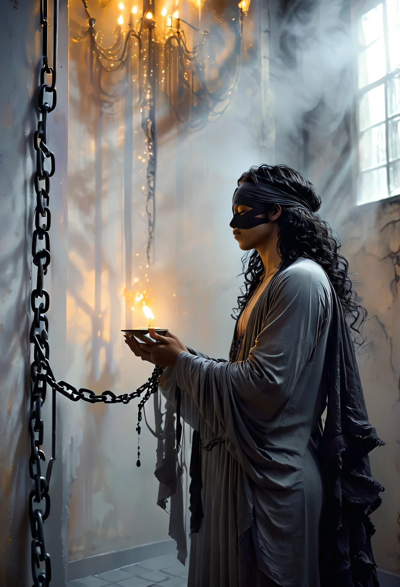 Commencez par une prison sombre baignée d’une mystérieuse lumière noire, create a feeling of confinement and secrecy. The prison should have intricate details like iron bars and chains, suggesting the'emprisonnement ou la contrainte, PAUSE In the center of this room, Depict a (((beau))) Dark-skinned androgen with long curly black hair, blindfolded with black cloth. Elle devrait être dans une pose de prière, offering his prayers with an expression of serene solemnity. Her beau unique features, comme une peau d'alabaster and possibly noticeable white hair, should stand out from the dark decor, BREAK Inclure des détails comme la lueur d'une bougie vacillante au premier plan, casting a warm glow and creating shadows that dance across the girl and the room. La lueur des bougies doit constituer la principale source d’éclairage, ajoutant à l'atmosphère mystique et sombre, BREAK Appliquer un effet de mise au point superficielle à l'image, où la fille et les éléments les plus proches comme la lueur des bougies et certaines chaînes sont parfaitement nets, tandis que l'background, comprenant des parties de la pièce et quelques barres de fer, flou doucement dans la lumière violette, PAUSE Veiller à ce que l'atmosphère générale de l'image soit empreinte de solennité et de mystère., with the sacred presence of androgens and'ambiance étrange de la pièce, synergistically creating a powerful visual narrative.