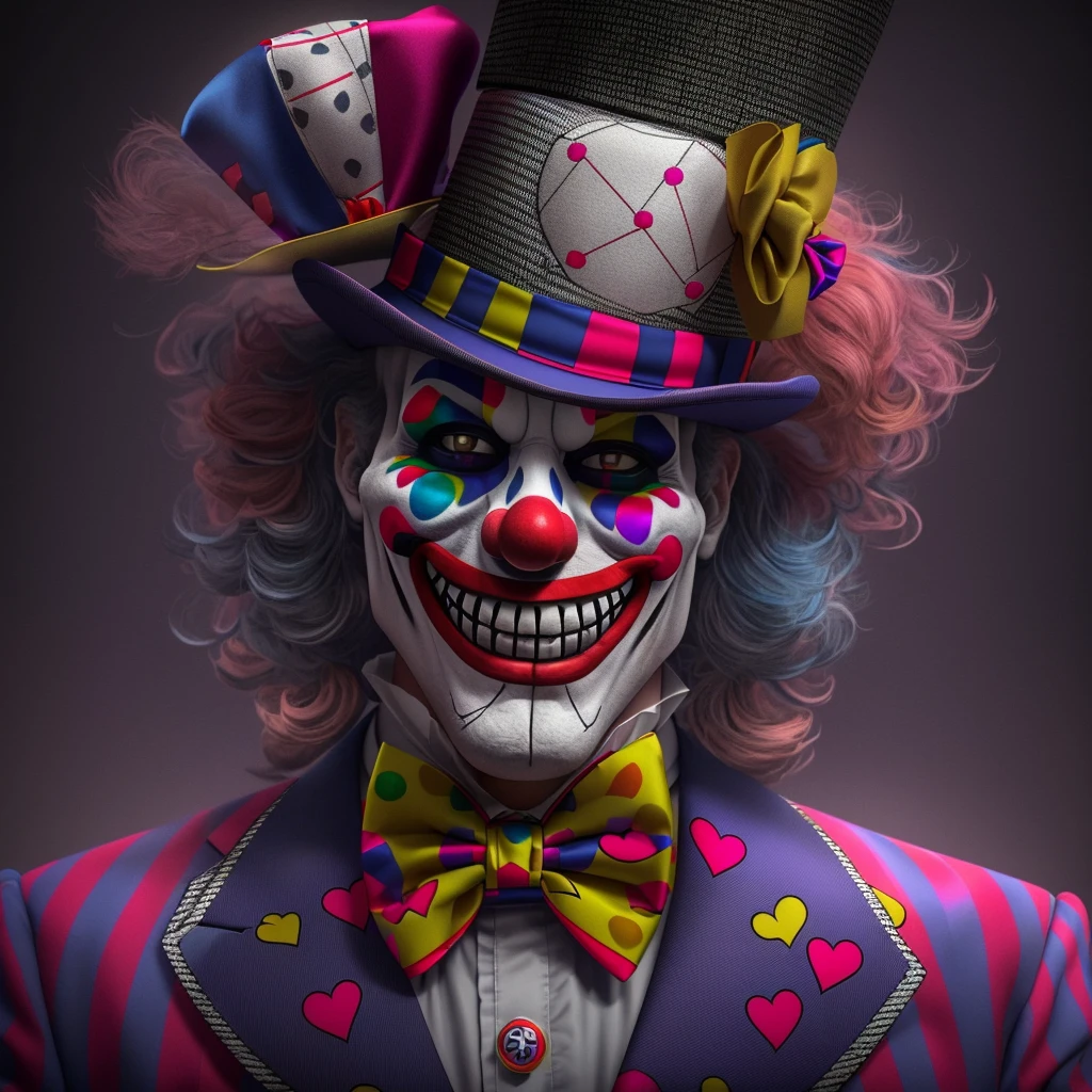 Clown mask in top hat and bow tie, portrait skull clown, cutecore clowncore, jocker, skull clown, skull clown inside a circus, scary clown, portrait smile clown, clown face, 4k highly detailed digital art, clown world, stunning digital illustration, trending on artstation hq, 3d render digital art, portrait of joker