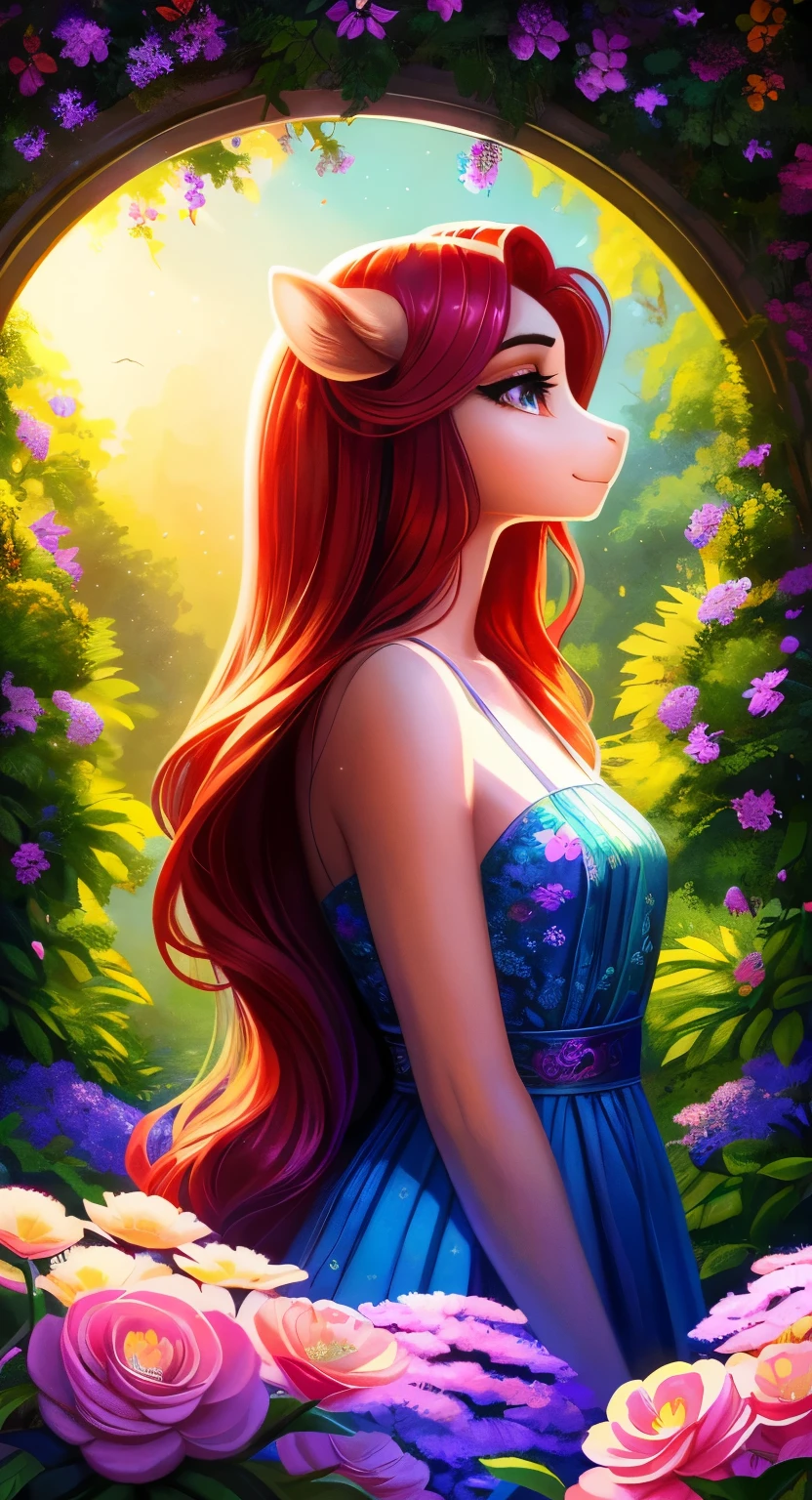 (best quality, highres:1.2) A girl with vivid red hair and long, thick locks, her eyes captivating with a deep shade of red. Her lashes are beautifully defined, accentuating her stunning eyes. She poses gracefully like a pony, with confidence and elegance. The scene is set in a picturesque garden, where vibrant flowers bloom and lush greenery surrounds her. The lighting softly illuminates her features, creating a dreamlike ambiance. The artwork is created using a mix of digital illustration and traditional painting techniques, resulting in a mesmerizing fusion of textures. The colors are vibrant and saturated, bringing life to the artwork.