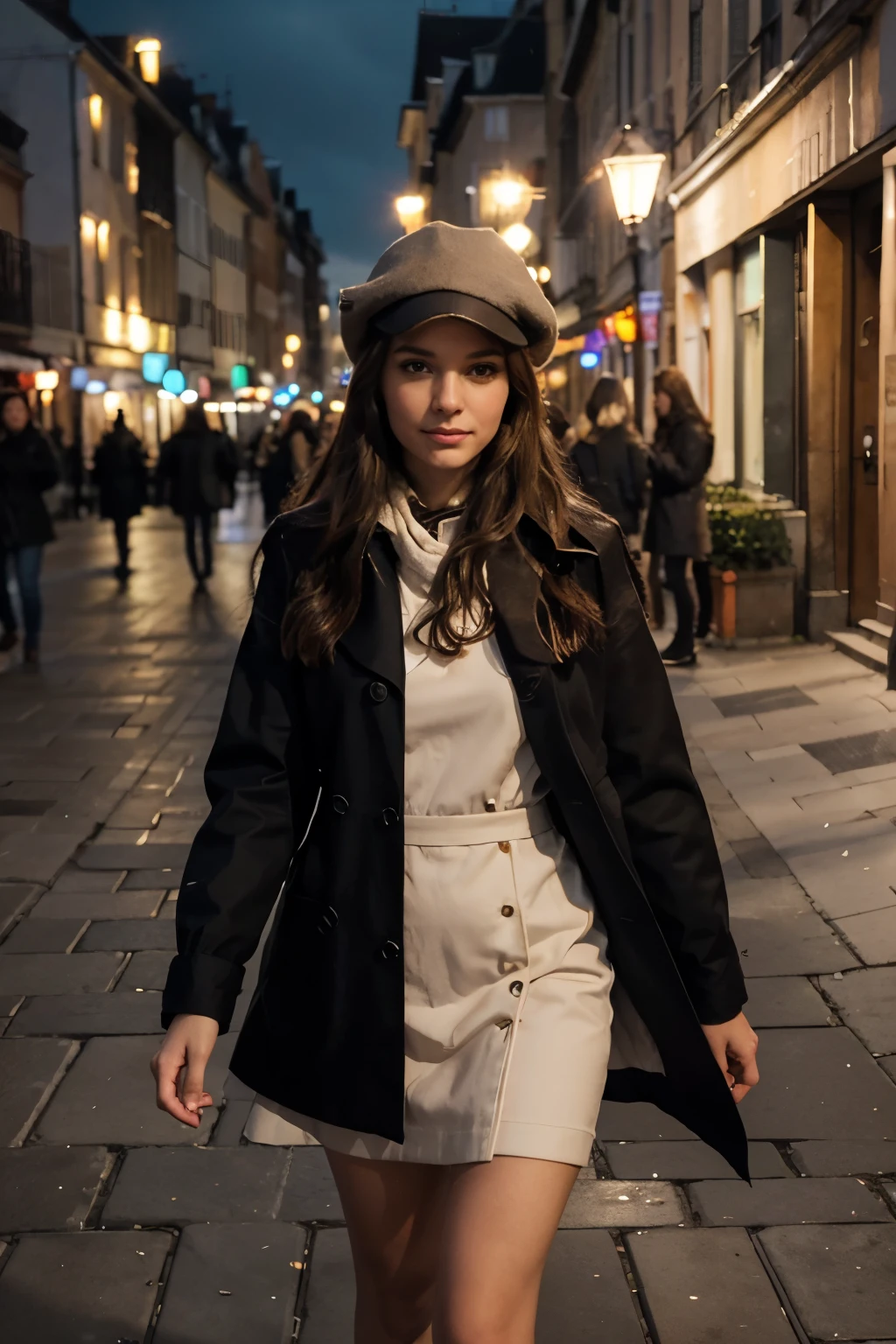 realistic photography, Bianca (Femme, 28 ans, long wavy brown hair) dehors en ville, entrain de marcher dans des rues sublimes éclairées par la lumière nocturne. batiments chics et passages piétons, illuminated by night light. Street lamp light above.Une élaboration sur Bianca, s'en pleine ville animée, adorned with'Fully dressed, tenue chic, manteau, chapeau, baskets, La décoration de l'breathtaking street and cityscape add festive charm to the scene.. doux, natural light illuminates the woman, projetant une lueur chaleureuse sur la femme. L'atmosphère respire la joie et l'holiday elegance, capturer un moment serein et joyeux. Photo prise par Emma Jackson avec un Nikon D850 et un objectif 50 mm, capturing natural nighttime light that adds warmth and vibrancy to festive decor, 8K, Ultra HD, super-resolution. --dans 5 --q 2