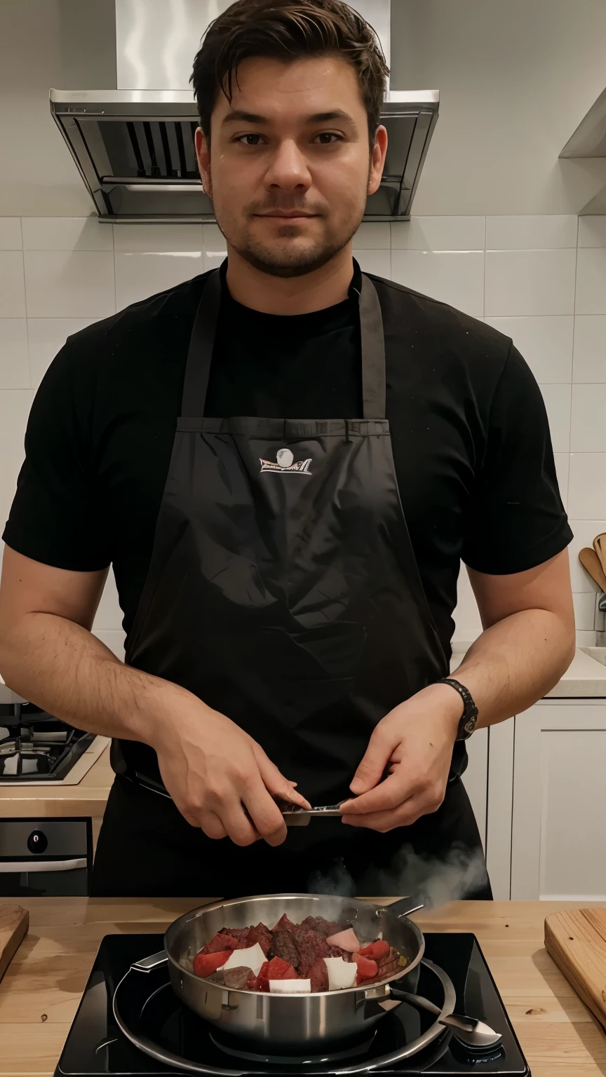 Bottom view,1人,A 20 year old man in the kitchen,sitting on a stool,leg apart,Large pizza in hand,Facial hair,Dark apron,sleeveless t shirt,White thongs are exposed,Large bulge at the crotch,expose arms,Expose the biceps,musculous,Slender figure,Handsome,full bodyesbian,Exposing thighs,Expose calves,Thick leg hair,white short socks,pervert smirk,Be red in the face,exhilarated,janelas,rays of sunshine,Plenty of vegetables and meat,Food packaging boxes,Plenty of kitchenware,In the kitchen,gentlesoftlighting,tmasterpiece,best qualtiy,8K UHD,digital SLR camera,filmgrain,Fujifilm XT3 Realistic painting art,Written by Midjourney and Greg Rutkowski