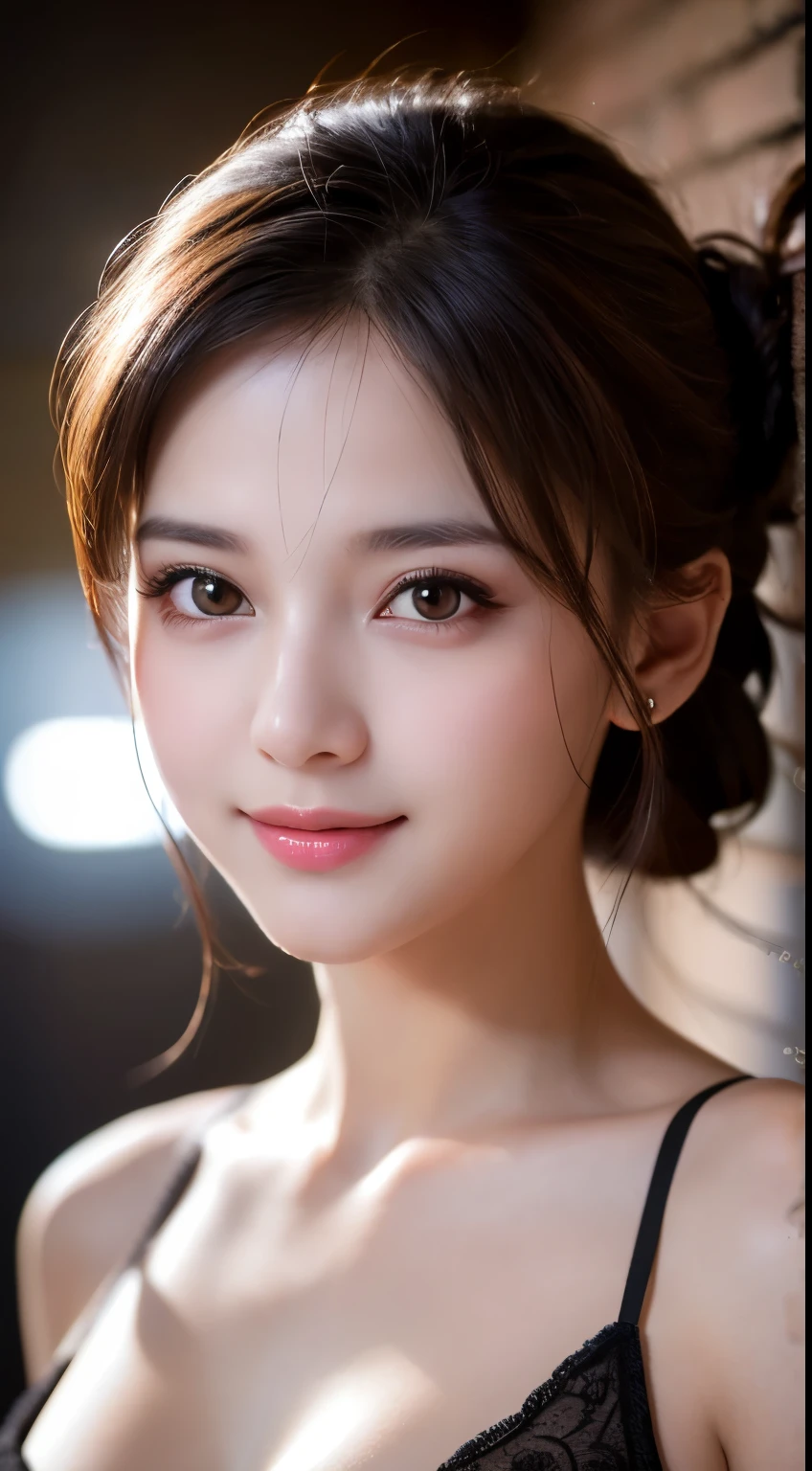 masterpiece, highest quality, Raw foto, photorealistic, smile, beautiful girl, cute, Hair up, Depth of the bounds written, High resolution, Super detailed, details, highly detailed eyes and face, mesmerizing black eyes, Realistic pupils, sharp focus, Cinematic lighting, upper part of the body, big breast cleavage pink nipples