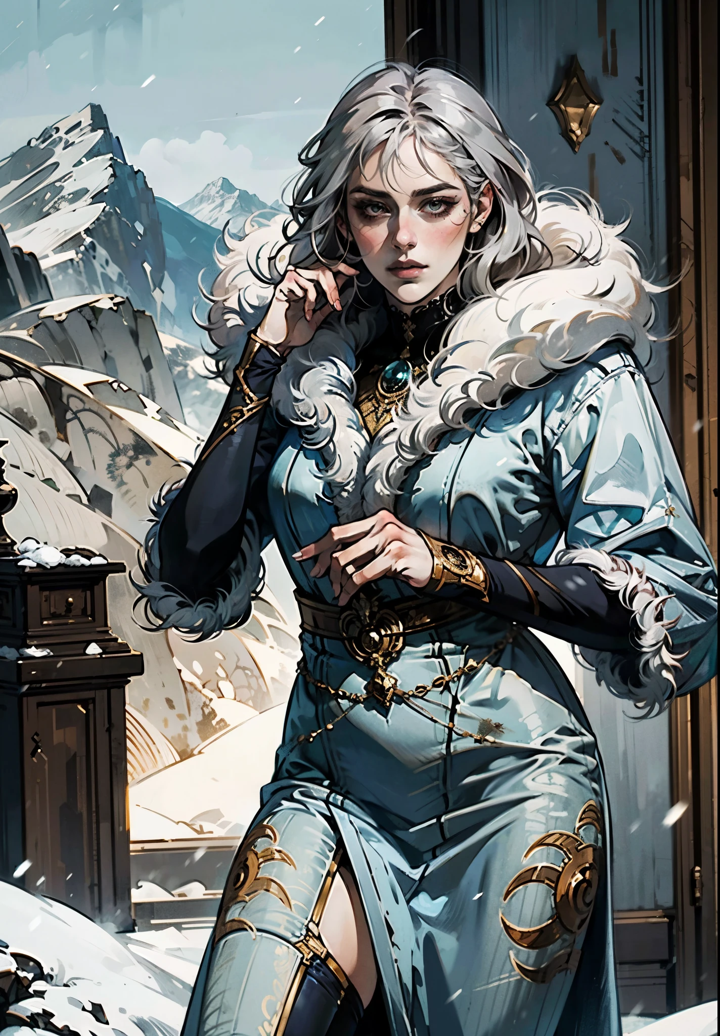 A woman with short silver-gray hair, thick bangs covering the right half of her face, delicate features, a serene expression, a simple floor-length gray-blue robe, with a thick white fur coat worn over it, long sleeves patterned like animal skeletons, standing amidst the falling snow of the mountains, this character embodies a finely crafted fantasy martial arts-style female cultivator in anime style, exquisite and mature manga art style, high definition, best quality, highres, ultra-detailed, ultra-fine painting, extremely delicate, professional, anatomically correct, symmetrical face, extremely detailed eyes and face, high quality eyes, creativity, RAW photo, UHD, 32k, Natural light, cinematic lighting, masterpiece-anatomy-perfect, masterpiece:1.5