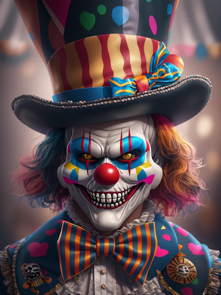 Clown mask in top hat and bow tie, portrait skull clown, cutecore clowncore, jocker, skull clown, skull clown inside a circus, scary clown, portrait smile clown, clown face, 4k highly detailed digital art, clown world, stunning digital illustration, trending on artstation hq, 3d render digital art,