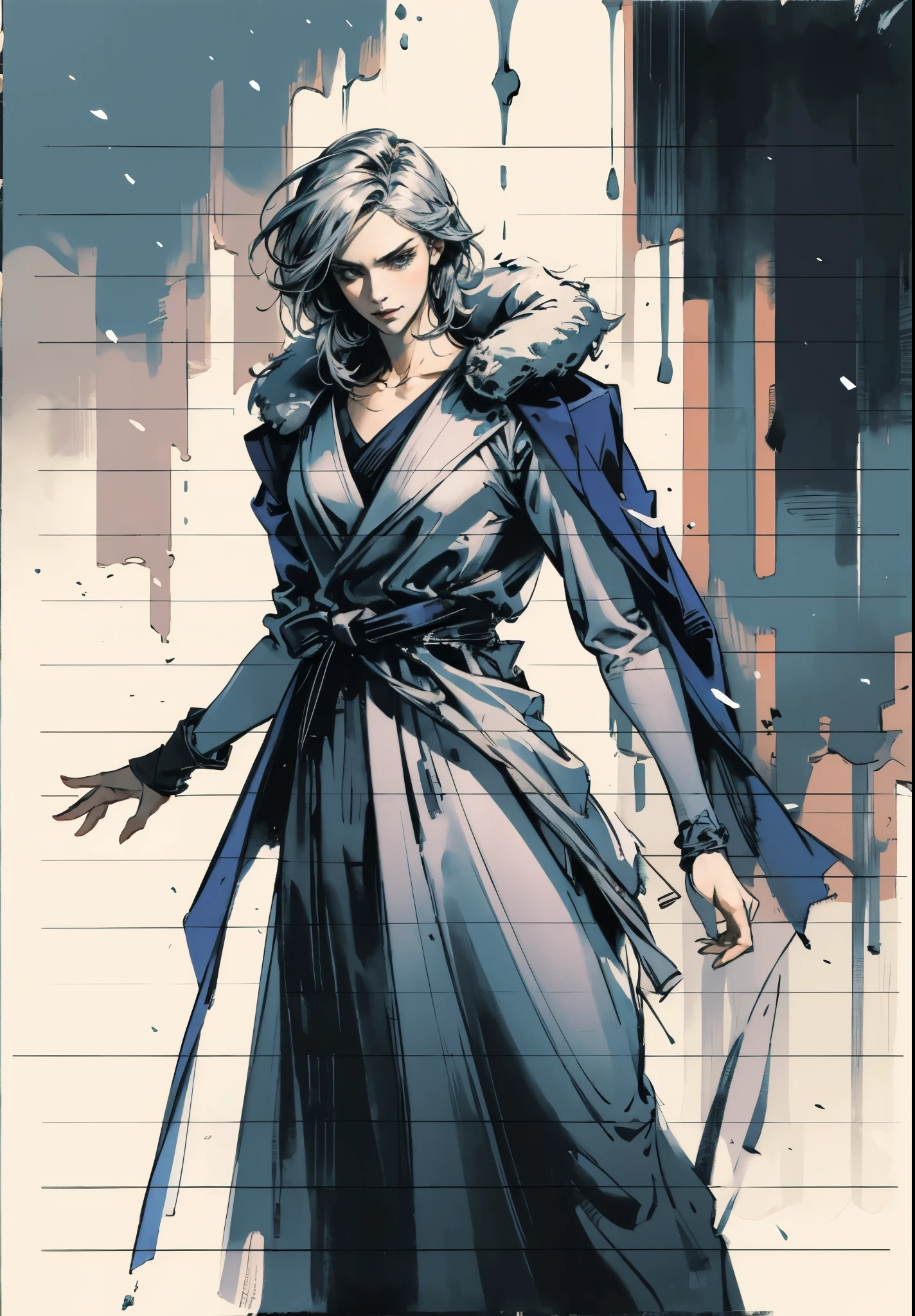 A woman with short silver-gray hair, thick bangs covering the right half of her face, delicate features, a serene expression, a simple floor-length gray-blue robe, with a thick white fur coat worn over it, long sleeves patterned like animal skeletons, standing amidst the falling snow of the mountains, this character embodies a finely crafted fantasy martial arts-style female cultivator in anime style, exquisite and mature manga art style, high definition, best quality, highres, ultra-detailed, ultra-fine painting, extremely delicate, professional, anatomically correct, symmetrical face, extremely detailed eyes and face, high quality eyes, creativity, RAW photo, UHD, 32k, Natural light, cinematic lighting, masterpiece-anatomy-perfect, masterpiece:1.5