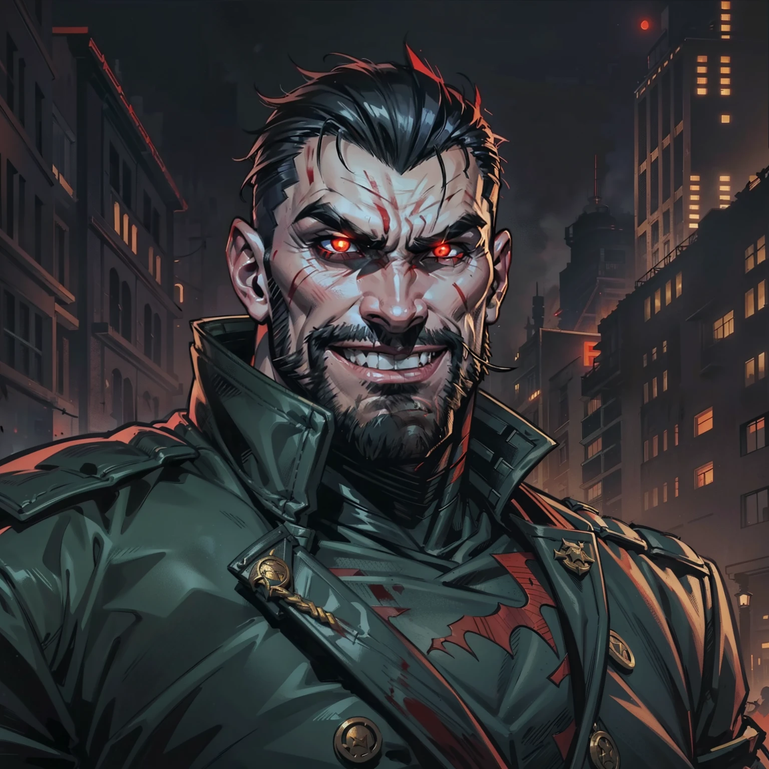 Dark night blood moon background, Darkest Dungeon style, game portrait. Vinnie Jones as Mister Sinister from Marvel comics, heavy athlete, short mane of black hair, mullet, stubble, 30 years old, {{glowing red eyes}}. Wily smile, badass, dangerous. Wearing military uniform. Villain, badass. Hit pose.