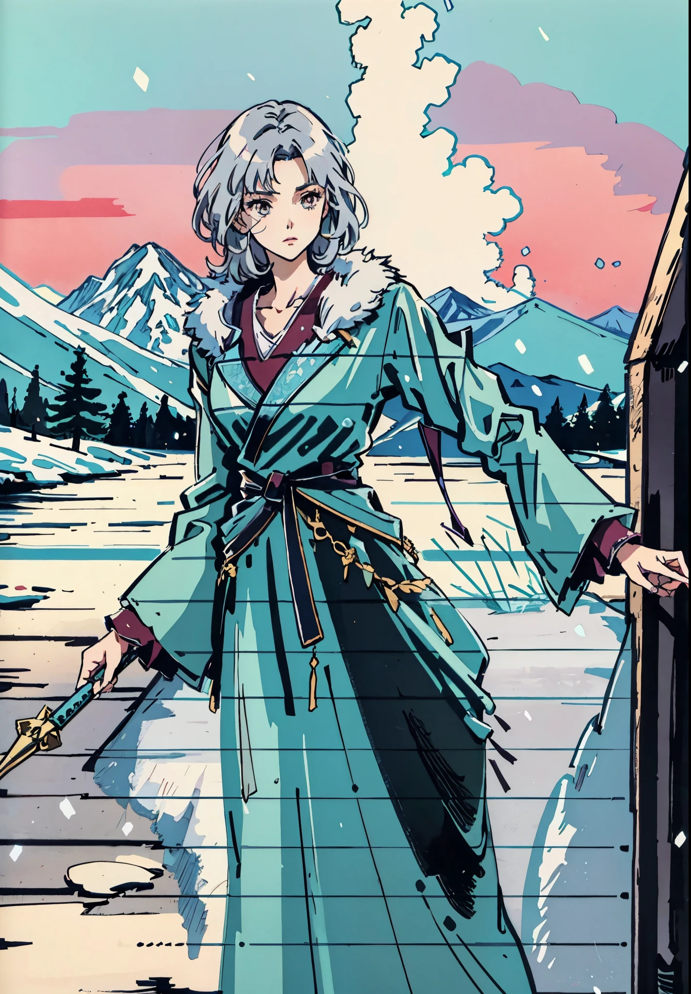 A woman with short silver-gray hair, thick bangs covering the right half of her face, delicate features, a serene expression, a simple floor-length gray-blue robe, with a thick white fur coat worn over it, long sleeves patterned like animal skeletons, standing amidst the falling snow of the mountains, this character embodies a finely crafted fantasy martial arts-style female cultivator in anime style, exquisite and mature manga art style, high definition, best quality, highres, ultra-detailed, ultra-fine painting, extremely delicate, professional, anatomically correct, symmetrical face, extremely detailed eyes and face, high quality eyes, creativity, RAW photo, UHD, 32k, Natural light, cinematic lighting, masterpiece-anatomy-perfect, masterpiece:1.5