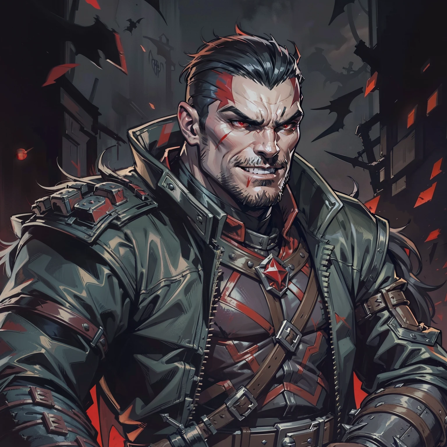 Dark night blood moon background, Darkest Dungeon style, game portrait. Vinnie Jones as Mister Sinister from Marvel comics, heavy athlete, short mane of black hair, mullet, stubble, 30 years old, {{glowing red eyes}}. Wily smile, badass, dangerous. Wearing military uniform. Villain, badass. Hit pose.