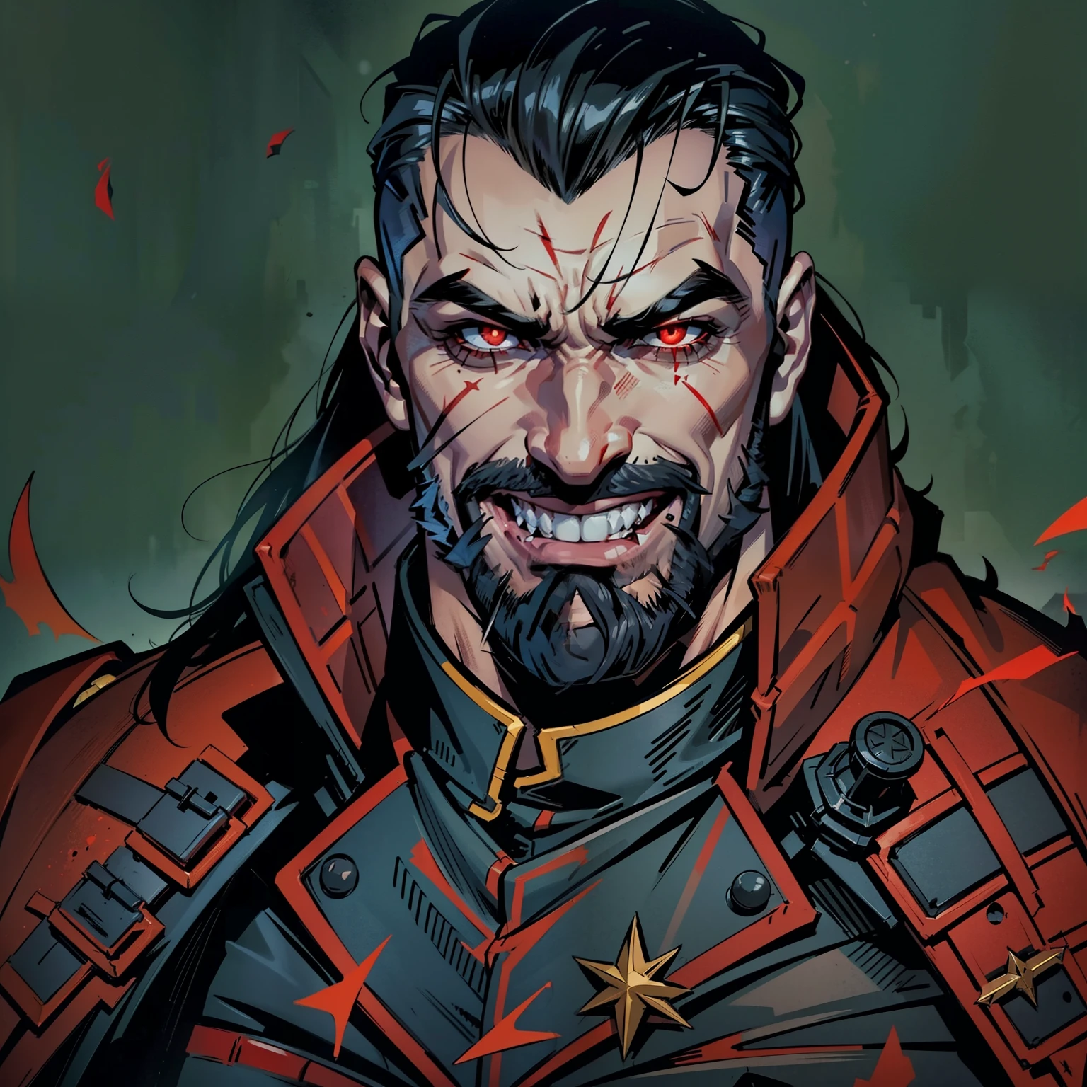 Dark night blood moon background, Darkest Dungeon style, game portrait. Vinnie Jones as Mister Sinister from Marvel comics, heavy athlete, short mane of black hair, mullet, stubble, 30 years old, {{glowing red eyes}}. Wily smile, badass, dangerous. Wearing military uniform. Villain, badass. Hit pose.