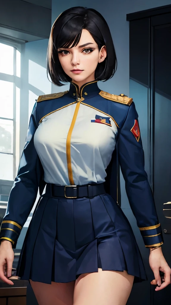 (highest resolution, distinct_Image), Best quality, Masterpiece, very detailed, semi-realistic, Woman with shoulder-length black hair, mature, mature woman, Imperial Sister, sexual, short hair, triple bangs, light blue uniform, light blue uniform jacket, soldier, blue pleated skirt, military uniform, Fighter Front, future, Science fiction, Universe