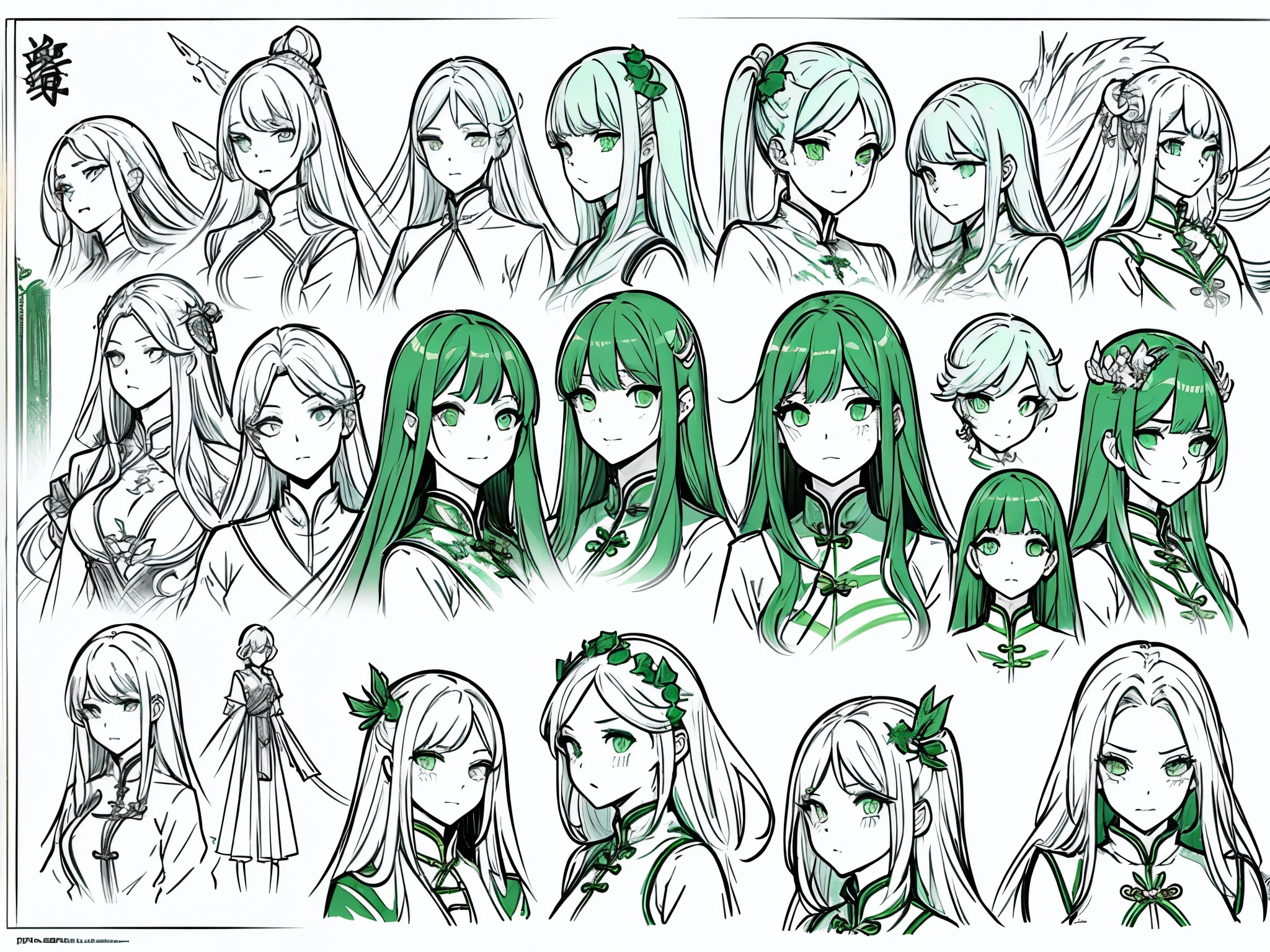 20th generation women、green hair、long hair、green eyes、dragon horn、golden hair ornament、white cheongsam、various expressions、joy, anger, sadness、structure of clothes、corner structure、character sketch、concept art、Reference sheet
