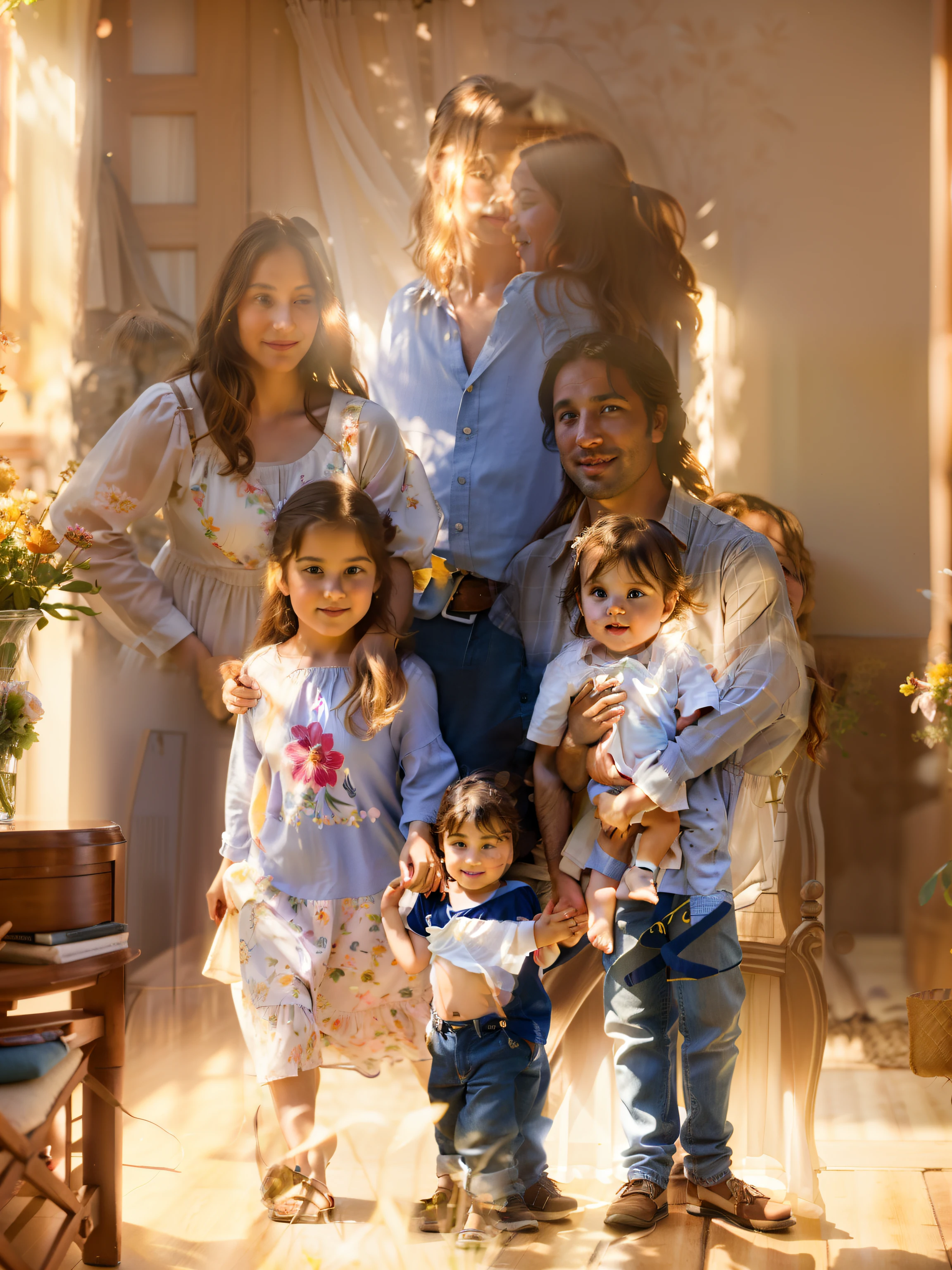 In the heartwarming scene, a family of four stands together under the gentle sunlight, their faces illuminated with radiant smiles. The father, a man in his late thirties, with a strong and handsome build, wears a casual shirt and jeans, his eyes filled with love and pride as he gazes at his beloved wife and children.
The mother, with an elegant beauty that radiates from within, is captivating in her floral sundress, her long, wavy hair cascading down her back. Her hands are gently holding the small hands of their two young sons, a picture of devoted motherhood.
The eldest son, a charming seven-year-old boy