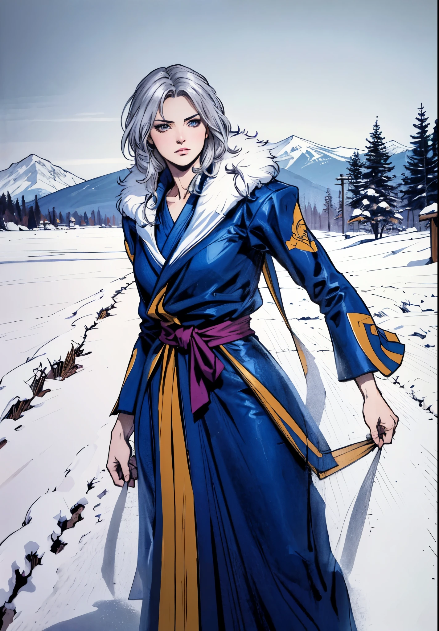 A woman with short silver-gray hair, thick bangs covering the right half of her face, delicate features, a serene expression, a simple floor-length gray-blue robe, with a thick white fur coat worn over it, long sleeves patterned like animal skeletons, standing amidst the falling snow of the mountains, this character embodies a finely crafted fantasy martial arts-style female cultivator in anime style, exquisite and mature manga art style, high definition, best quality, highres, ultra-detailed, ultra-fine painting, extremely delicate, professional, anatomically correct, symmetrical face, extremely detailed eyes and face, high quality eyes, creativity, RAW photo, UHD, 32k, Natural light, cinematic lighting, masterpiece-anatomy-perfect, masterpiece:1.5