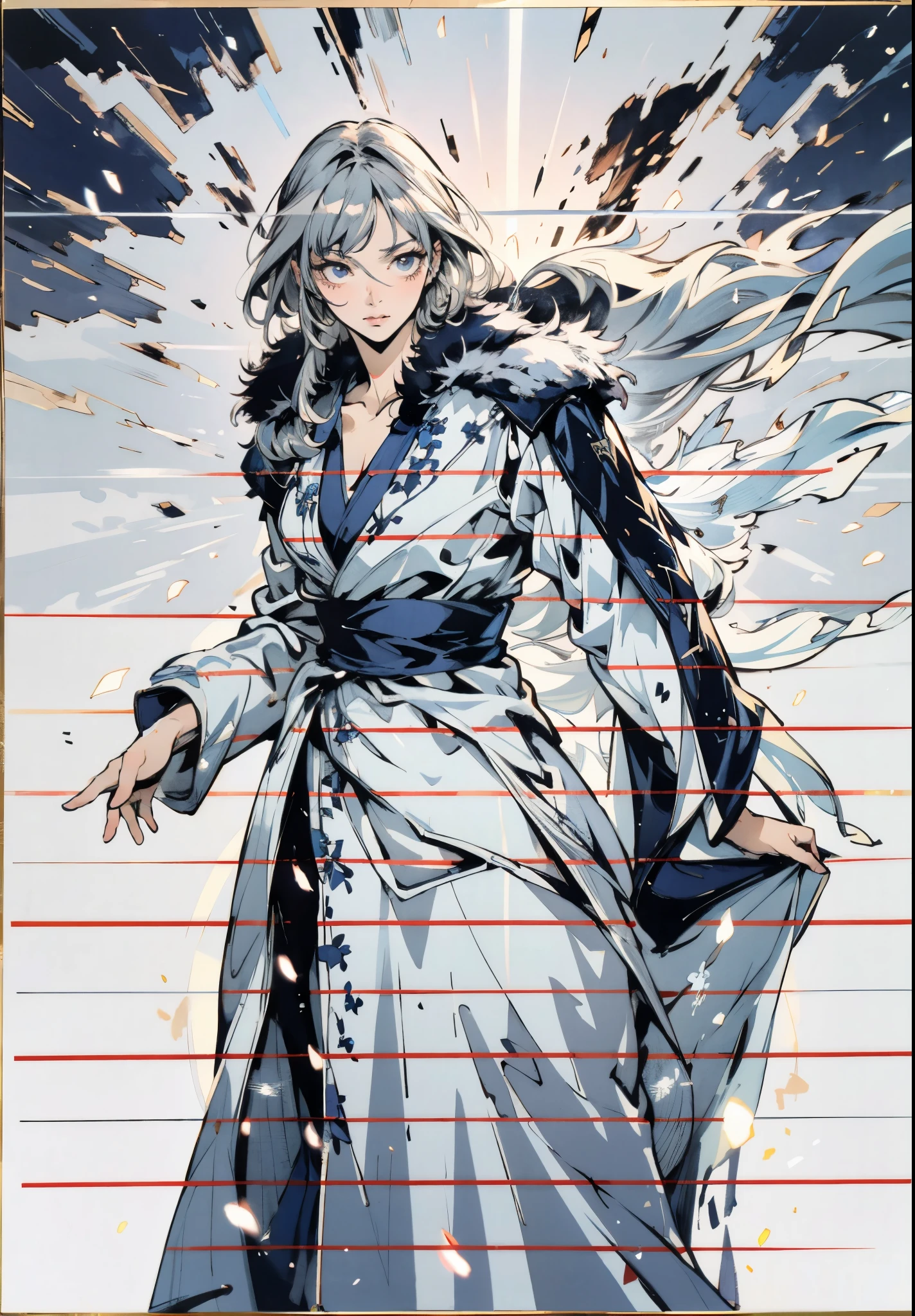 A woman with short silver-gray hair, thick bangs covering the right half of her face, delicate features, a serene expression, a simple floor-length gray-blue robe, with a thick white fur coat worn over it, long sleeves patterned like animal skeletons, standing amidst the falling snow of the mountains, this character embodies a finely crafted fantasy martial arts-style female cultivator in anime style, exquisite and mature manga art style, high definition, best quality, highres, ultra-detailed, ultra-fine painting, extremely delicate, professional, anatomically correct, symmetrical face, extremely detailed eyes and face, high quality eyes, creativity, RAW photo, UHD, 32k, Natural light, cinematic lighting, masterpiece-anatomy-perfect, masterpiece:1.5