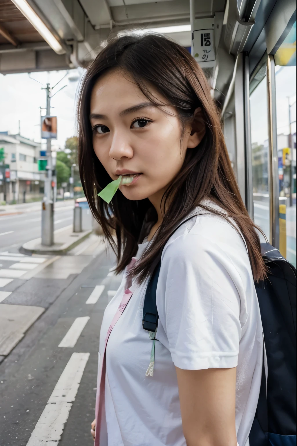 A depiction of someone on public transit discreetly trying to chew gum with a "No Chewing Gum" sign in the background. ((Japanes girl, beutiful, realistic,))