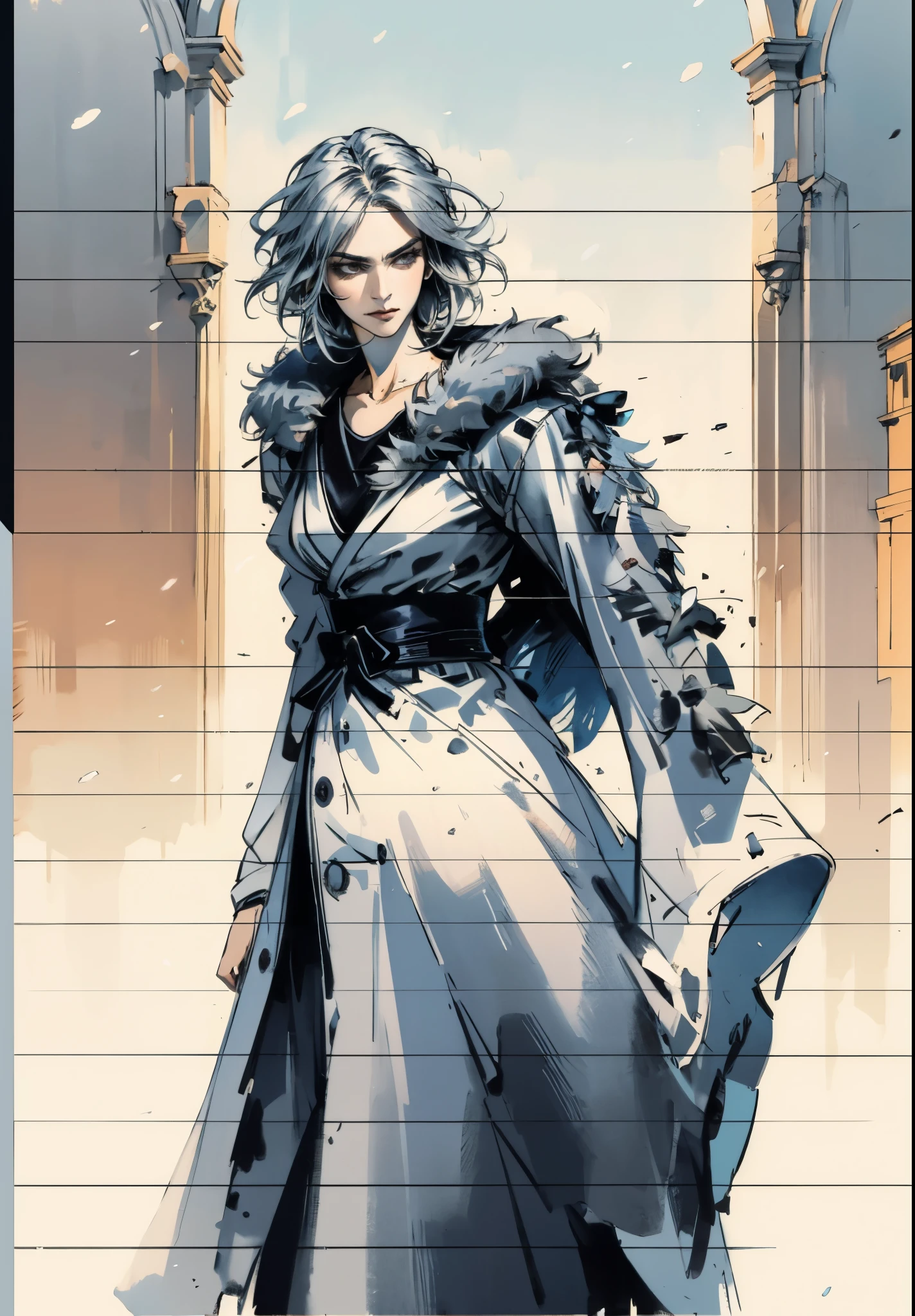 A woman with short silver-gray hair, thick bangs covering the right half of her face, delicate features, a serene expression, a simple floor-length gray-blue robe, with a thick white fur coat worn over it, long sleeves patterned like animal skeletons, standing amidst the falling snow of the mountains, this character embodies a finely crafted fantasy martial arts-style female cultivator in anime style, exquisite and mature manga art style, high definition, best quality, highres, ultra-detailed, ultra-fine painting, extremely delicate, professional, anatomically correct, symmetrical face, extremely detailed eyes and face, high quality eyes, creativity, RAW photo, UHD, 32k, Natural light, cinematic lighting, masterpiece-anatomy-perfect, masterpiece:1.5