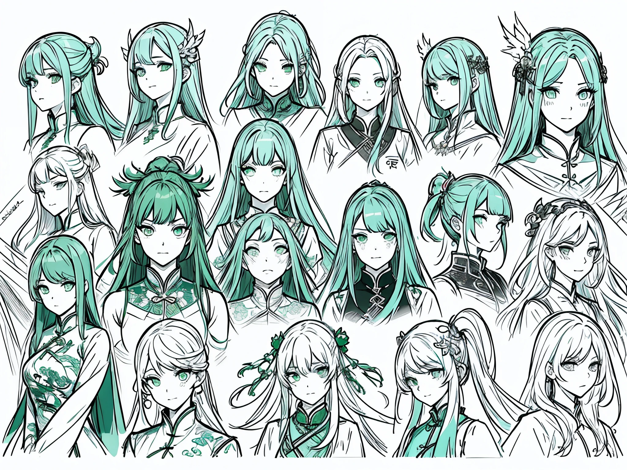 20th generation women、green hair、long hair、green eyes、dragon horn、golden hair ornament、white cheongsam、various expressions(joy, anger, sadness)、Rough sketches of the structure of clothes and hair ornaments, etc.、character sketch、concept art、Reference sheet