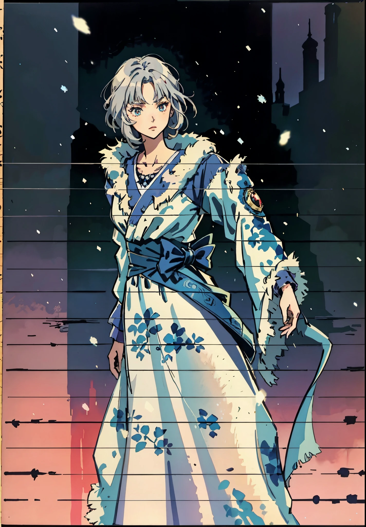 A woman with short silver-gray hair, thick bangs covering the right half of her face, delicate features, a serene expression, a simple floor-length gray-blue robe, with a thick white fur coat worn over it, long sleeves patterned like animal skeletons, standing amidst the falling snow of the mountains, this character embodies a finely crafted fantasy martial arts-style female cultivator in anime style, exquisite and mature manga art style, high definition, best quality, highres, ultra-detailed, ultra-fine painting, extremely delicate, professional, anatomically correct, symmetrical face, extremely detailed eyes and face, high quality eyes, creativity, RAW photo, UHD, 32k, Natural light, cinematic lighting, masterpiece-anatomy-perfect, masterpiece:1.5