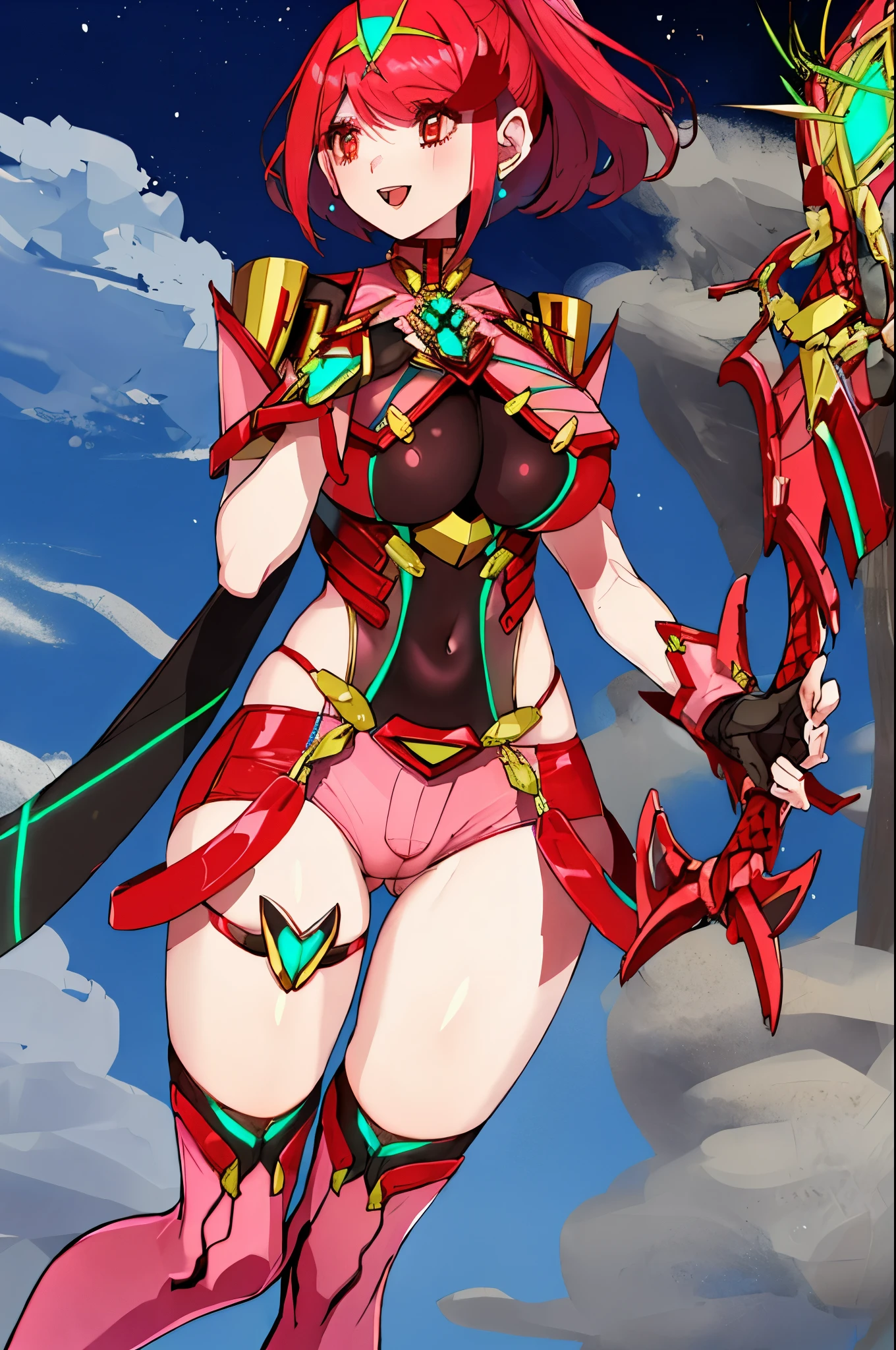 pyra \(xenoblade\), _1girl, , armor, bangs, black gloves, large_breasts, red eyes, closed mouth, earrings, eyelashes, fingerless gloves, floating hair, framed breasts, gem, gloves, hair ornament, headpiece, jewelry, big_breasts, leaning back, leotard, neon trim, official art, pose, red hair, red shorts, saitou masatsugu, short hair, short shorts, short sleeves, shorts, sidelocks, skin tight, solo, standing, swept bangs, thighhighs, tiara, night_prairie_background, turtleneck, underbust, vambraces, xenoblade chronicles \(series\), (xenoblade chronicles 2), apart_legs, fire_effect,,fighting,light_smile, (plump:1.1), big_ass,huge_sword, hold_large_sword_hilt, solo, covered_nipples, (covered_pussy:1.2),cameltoe,open_mouth,fists,ponytail,plump,