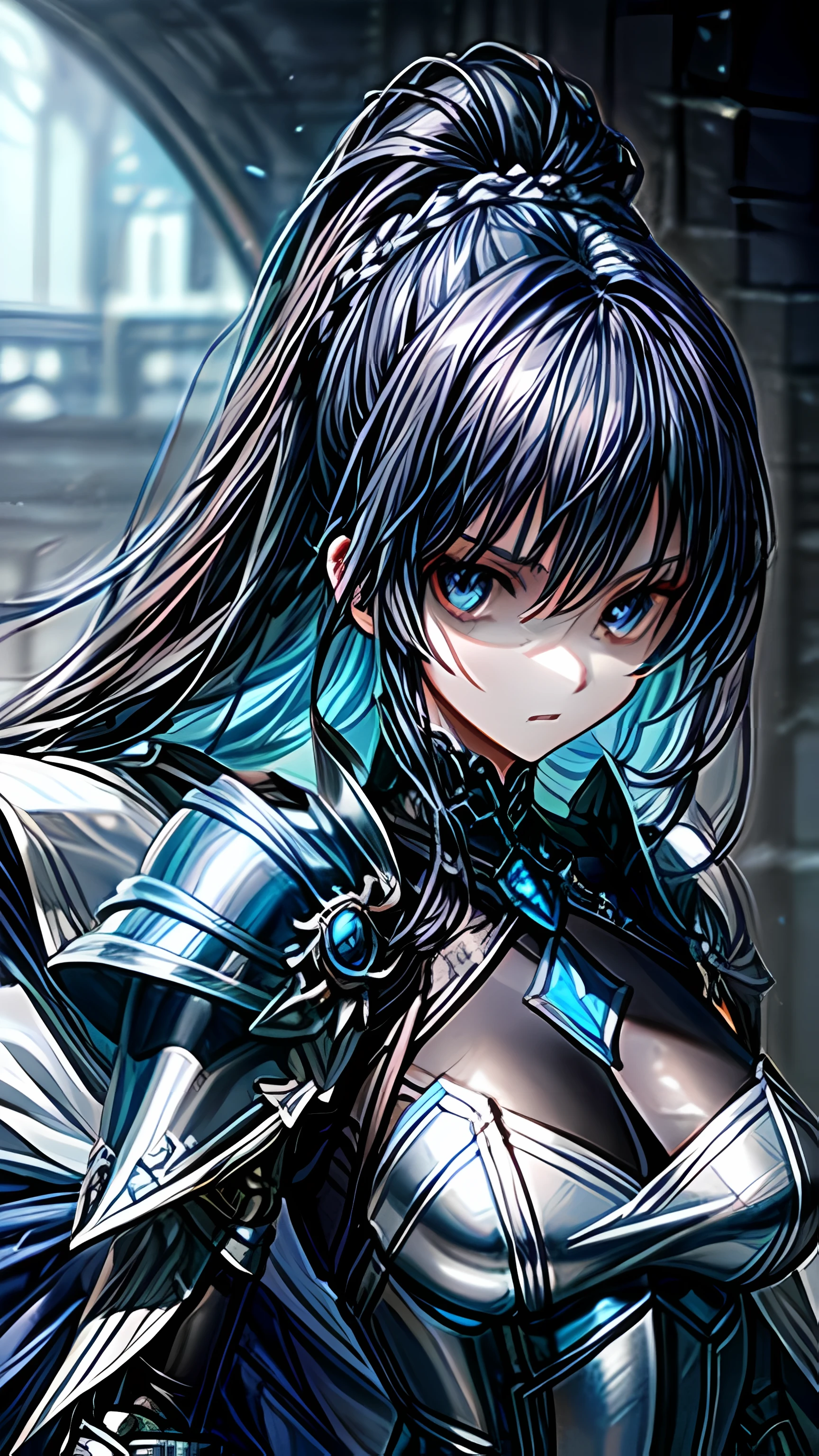 a close up of a woman in a blue dress with a sword, navy blue armor, costume with blue accents, wearing a noblewoman's outfit, blue and ice silver color armor, imperial royal elegant clothing, very detailed and rich clothing, dark blue and white robes, scandelous fantasy armor, alluring mesmer woman, blue leather armor, Black hair , detailed eyes , High definition , Extremely detailed face