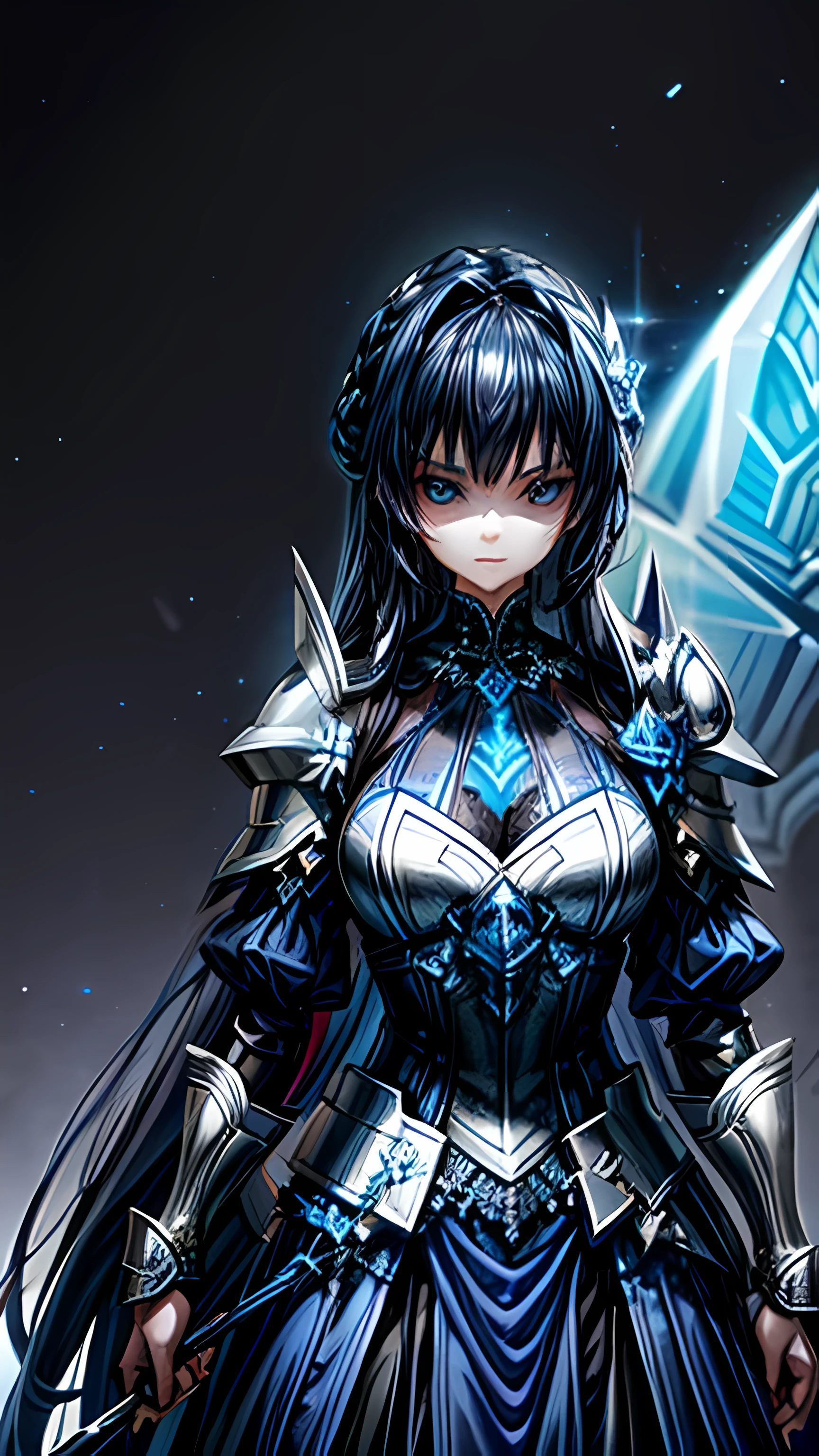 a close up of a woman in a blue dress with a sword, navy blue armor, costume with blue accents, wearing a noblewoman's outfit, blue and ice silver color armor, imperial royal elegant clothing, very detailed and rich clothing, dark blue and white robes, scandelous fantasy armor, alluring mesmer woman, blue leather armor, Black hair , detailed eyes , High definition , Extremely detailed face