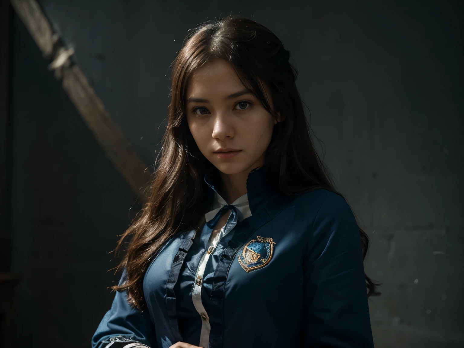 (font face), (in tge photoshoot:1.6) Sakamoto Mashiro k1per and alphonse mucha, she a wizard of the Ravenclaw, Hogwarts, blue uniform, fantasy art, photo realistic, dynamic lighting, artstation, poster, volumetric lighting, very detailed faces, 4 k, award winning, 1girl, in the light, deep shadow, low key, cowboy shot, (official clothing:1.4), long hair