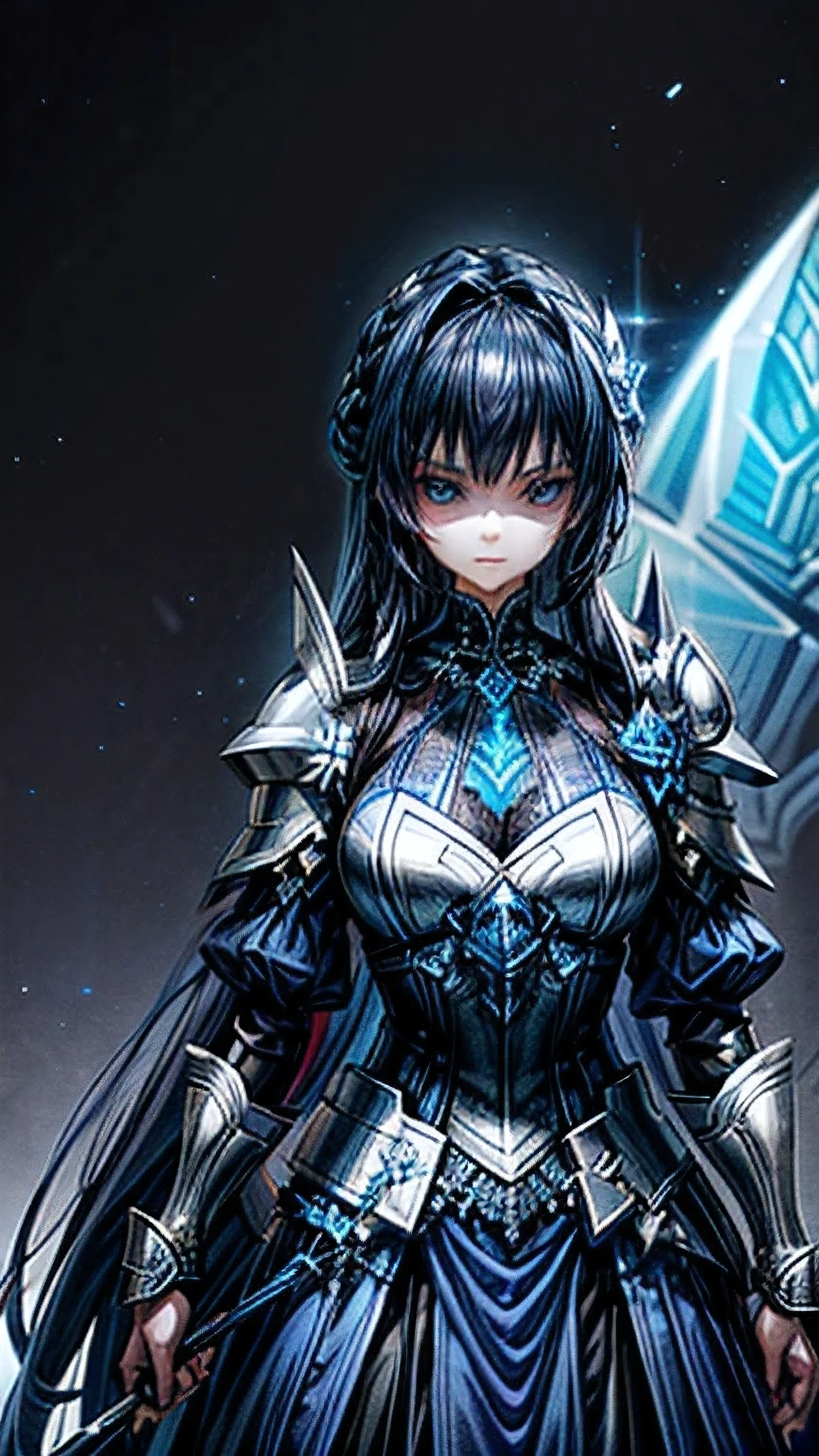 a close up of a woman in a blue dress with a sword, navy blue armor, costume with blue accents, wearing a noblewoman's outfit, blue and ice silver color armor, imperial royal elegant clothing, very detailed and rich clothing, dark blue and white robes, scandelous fantasy armor, alluring mesmer woman, blue leather armor, Black hair , detailed eyes , High definition , Extremely detailed face