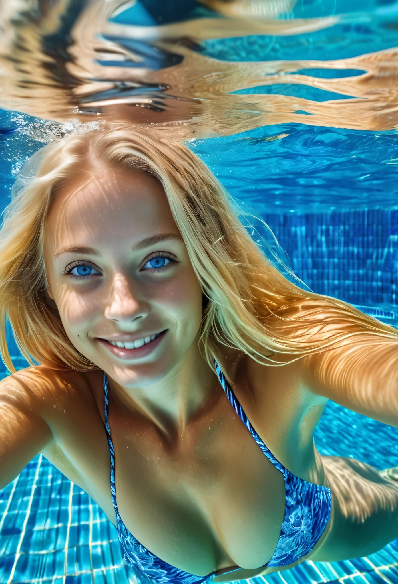 HDR photo of underwater selfie, woman, long blonde hair, gorgeous smile, swimming underwater in a tile pool, light-blue eyes, perfect eyes, bikini, warm summer day, wet hair . High dynamic range, vivid, rich details, clear shadows and highlights, realistic, intense, enhanced contrast, highly detailed