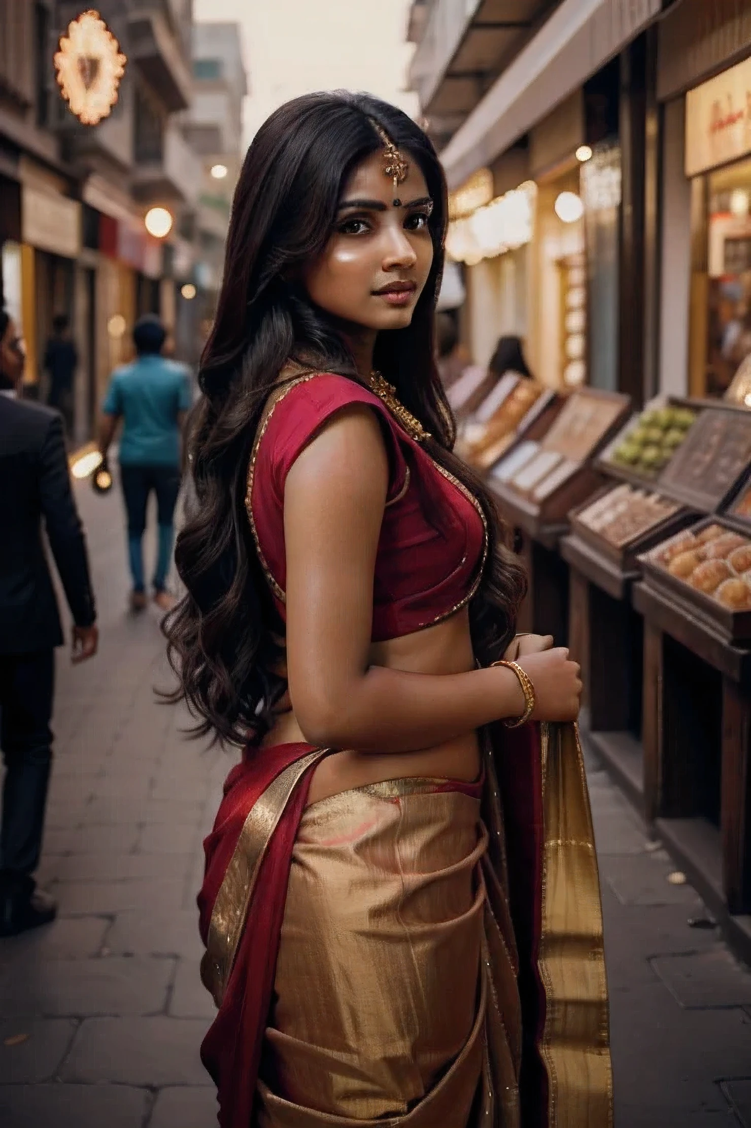 long_hair, Indian girl gorgeous, city girl, Indian city , saree, beautiful girl, shopping in the city, (masterpiece), best quality, high resolution, extremely detailed, cinematic lighting, beautiful gorgeous face with dimple