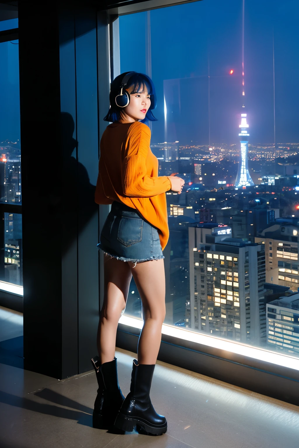 Citypop style animation.
A room on a high floor with full-length windows that gives the impression of an 80's lifestyle.
Night.
Tokyo Tower in orange.
Rainbow Bridge.
The twinkling lights.
A cute and cool back girl wearing headphones.
I can't see her face.
Blue hair.
Long arms and legs.
High-brand clothes.
Small shoulder bag.

High-cut black boots.
Miniskirt.
Black short sleeve knit.
LED futuristic lighting.

