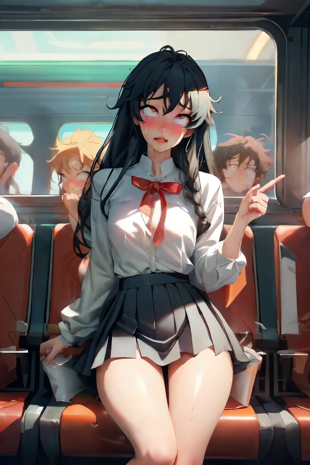 crowded train, (1girl as yukino yukinoshita:1.5), fat bald man hugging her from the front talking with mouth and lifting her legs, black sexy lingerie,, pubic hair visible, 40k, photo, masterpiece, best quality, dark grey background, (with one girl's immediately open legs with very small breasts, an elderly man leans on her from the front and picks her up and does different poses, Blushing, troubled eyebrows, rough breath, clenched teeth, burning face, heart pupils, sweaty, full body wet, black hair, long hair, knee bending, reluctance, watery eyes, (small breasts:1.1), soaked, small, slender, white shirt, tie, pants visible through short pleated skirt, slouch, slender, (short pleated skirt:1.5), slouching, hands on chest, crotch open, lewd, kissing, hugging, tongue sucking, legs tangled around hips, (far away shot:1.5), touching very small breasts, hands on the crotch, breastapart, (ahegao, rolling eyes:1.5), (spread_legs, pussy, split_leg:1.5)