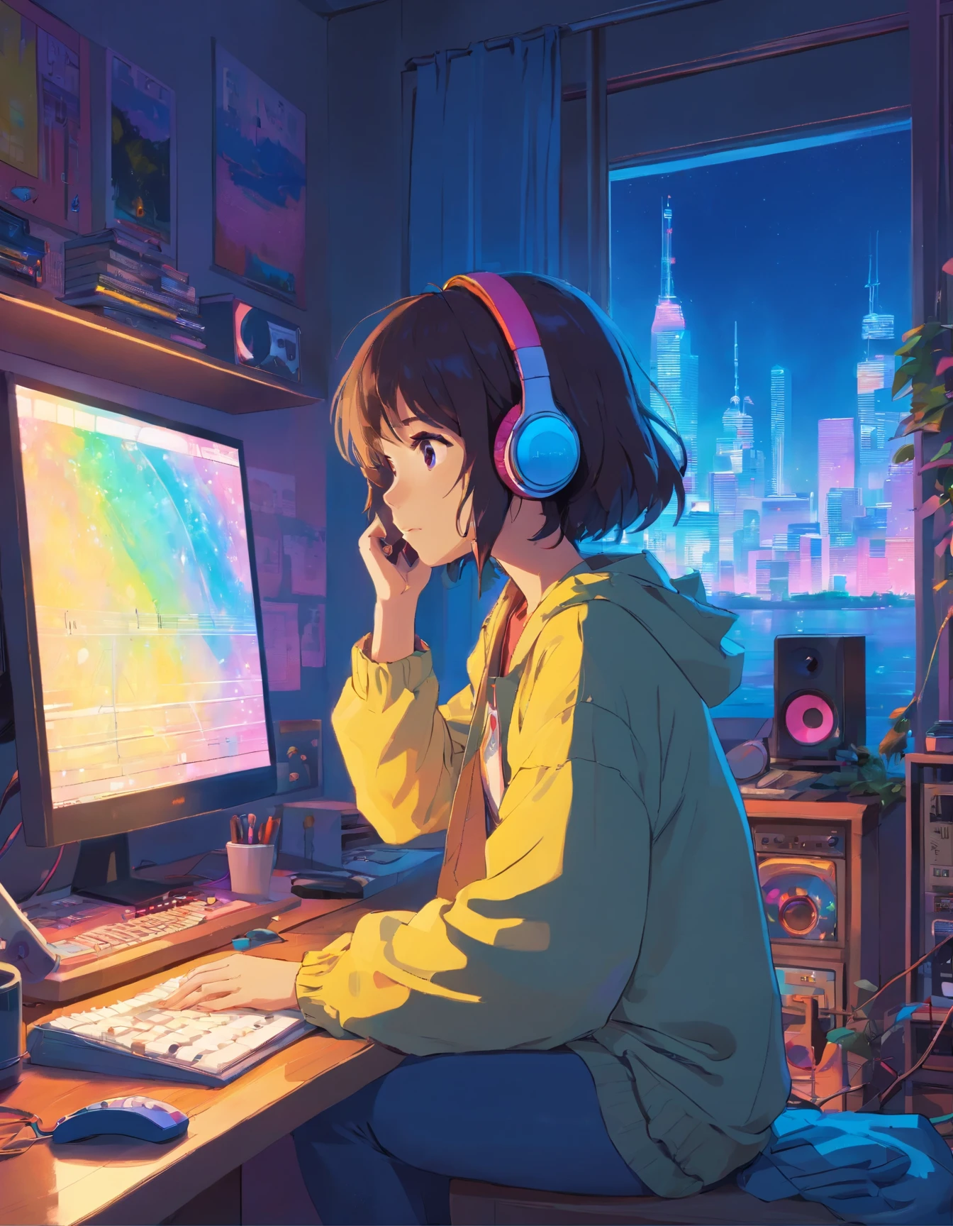 European Hippie Girl meditating in her room, dreaming, Wear headphones, night lights, Neon landscape on a rainy day, Analog Color Theme, Lo-Fi Hip Hop , retrospective, flat, 2.5D ,Draw a line, Ink Drawing, Large slope, Watercolor painting, Goosch Colors, Studio Ghibli Style, Awesome colorful, Outer Ton, krautrock, lofi art, 70s style,Old texture, amplitude,psychedelic vibe, masterpiece, Tremendous technology,