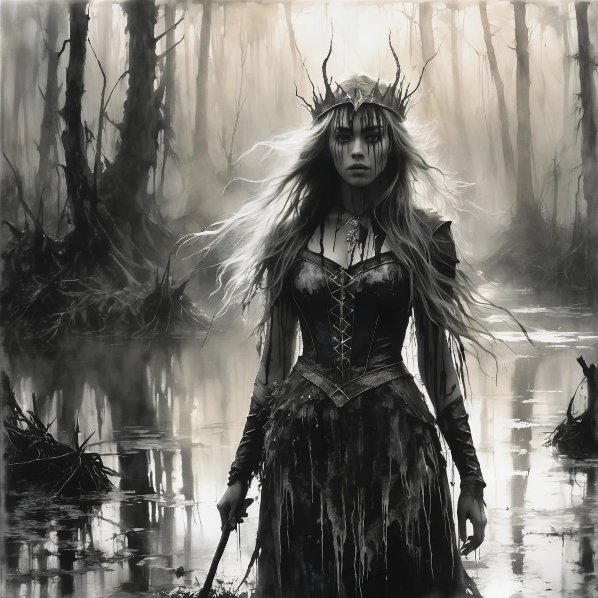 a young woman, ((wizard outfit)), epic scene, dynamic camera, backlight, (close up:1.2), high quality, Style of stephen gammell, watercolors, black and white, swamp, shadowy creatures, dripping, infected