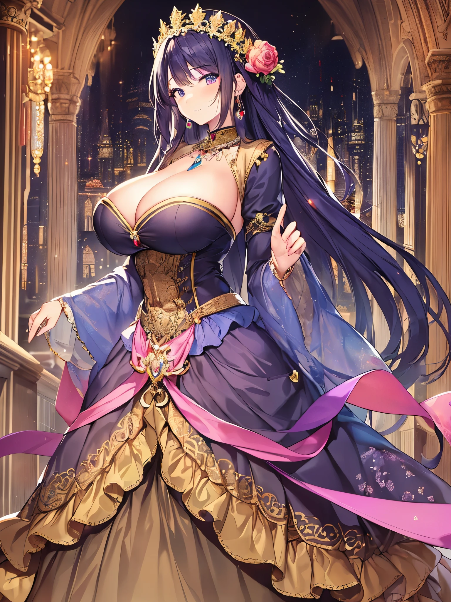 ((anime artstyle)),((Masterpiece)),(Best Quality),(Super Detail),((Very Delicate and Beautiful)),Solo,((full body)),full body,(((1 bling-bling curvy princess in a beautiful embroidery and jeweled gorgeous crinoline rococo ballgown))),(((very very gigantic tits,cleavage,curvy))),Skindentation,((standing in gorgeous castle)),((crinoline,long train,voluminous full length hoop skirt)),beautiful embroidery and jeweled,((gorgeous crinoline rococo ballgown with voluminous full length hoop skirt decorated with beautiful embroidery and jewels)),(detailed face and eyes),jewel-like eyes,((extremely voluminous straight Hair,Extremely Long Straight Hair)),extremely gorgeous hair ornament,((extremely gorgeous bling-bling big tiara)),bling-bling luxurious jewelry,(Dynamic Angle),((beautiful embroidery and jeweled gorgeous crinoline rococo ballgown with voluminous full length hoop skirt decorated with beautiful embroidery and jewels)),beautiful embroidery and jeweled voluminous full length hoop skirt,((full body))