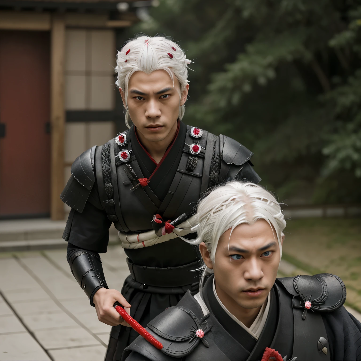 A samurai in pursuit of a young man with white hair and red eyes