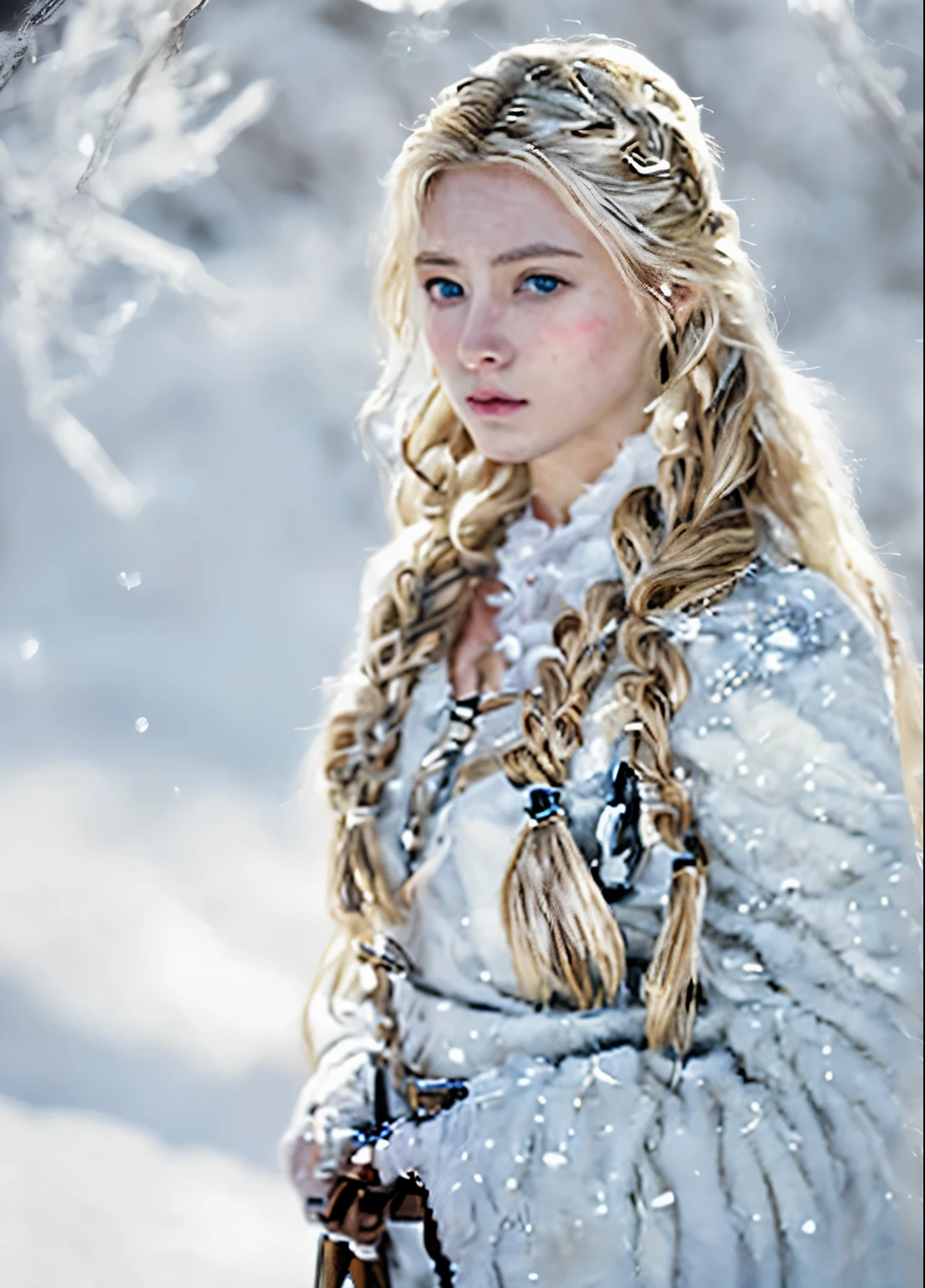 (Realisttic:1.2), analog photo style, female nordic warrior, fantasy snowy setting, braided blonde hair, full body, soft natural light, cute and sexy, pleasure, detailed face and blue eyes, great quality, Masterpiece, detailed northern background, 16k quality, RAW photo