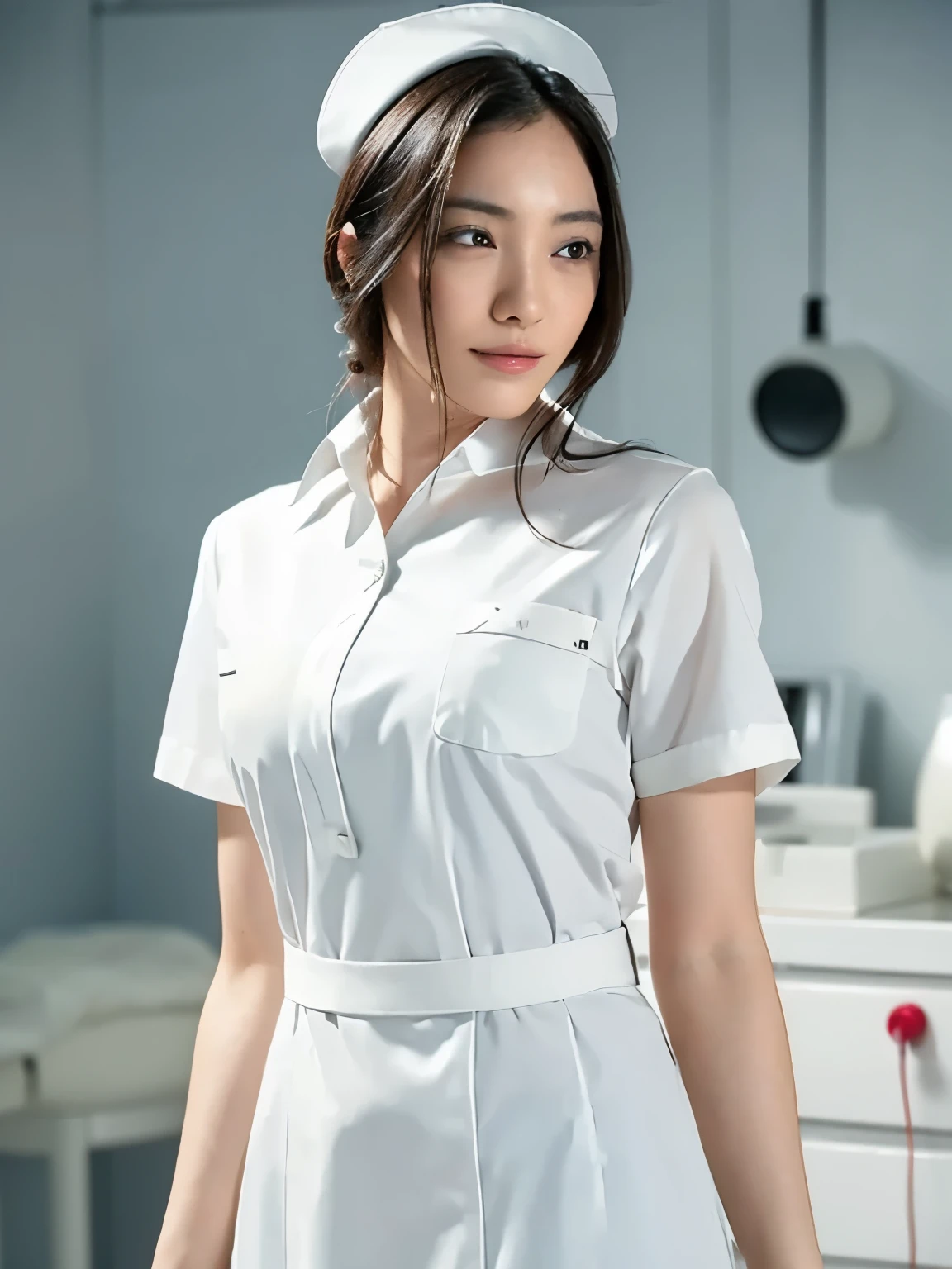 1 girl,(Wearing white nurse clothes:1.2),(RAW photo, highest quality), (realistic, photo-realistic:1.4), masterpiece, very delicate and beautiful, very detailed, 2k wallpaper, wonderful, finely, very detailed CG unity 8k wallpaper, Super detailed, High resolution, soft light, beautiful detailed girl, very detailed eyes and face, beautifully detailed nose, finely beautiful eyes, nurse, perfect anatomy, black hair, up style, nurse uniform, ((nurse cap)), long skirt, nurse, white costume, thin, hospital, clear, white uniform, hospital room, auscultation of the neck
