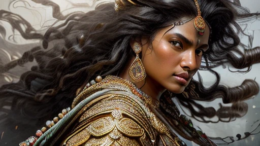 ultra-detailed, (photorealistic: 1.37), Caucasian woman, black hair flowing in the wind, warrior woman riding a lion and wielding various divine weapons, BATTLE AGAINST demons and zombies, gold ornaments, pearls and precious stones, Supreme Goddess, smoke and dust, epic atmosphere, heroic pose, excellent lighting