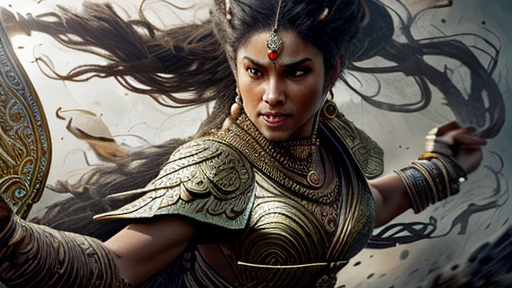 ultra-detailed, (photorealistic: 1.37), Caucasian woman, black hair flowing in the wind, warrior woman riding a lion and wielding various divine weapons, BATTLE AGAINST demons and zombies, gold ornaments, pearls and precious stones, Supreme Goddess, smoke and dust, epic atmosphere, heroic pose, excellent lighting