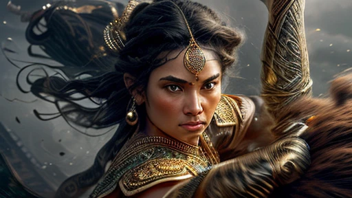 ultra-detailed, (photorealistic: 1.37), Caucasian woman, black hair flowing in the wind, warrior woman riding a lion and wielding various divine weapons, BATTLE AGAINST demons and zombies, gold ornaments, pearls and precious stones, Supreme Goddess, smoke and dust, epic atmosphere, heroic pose, excellent lighting