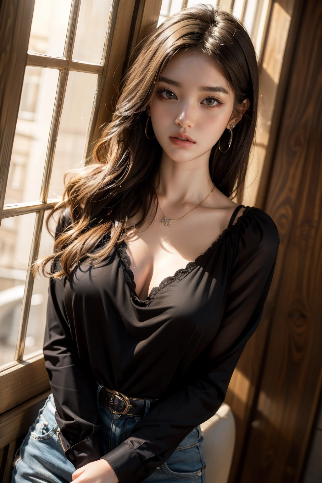 (best quality, 8k,32k,masterpiece, UHD:1.2),extremely detailed CG unity 8k wallpaper,intricate details,Raw photo,(photorealistic:1.4),atmosphere,ultra high res,Realistic,Real,Huge_filesize,incredibly absurdres,(centered:1.3),Ultra illustration,(ultra-detailed),cinematic lighting,various colors,depth of field,art by krenz cushart,golden hour lighting,taken by Canon EOS,SIGMA Art Lens 35mm F1.4,ISO 200 Shutter Speed 2000,blurry background,
BREAK,
1girl,slim body,(long hair:1.4),solo,20-year-old Japanese beautiful woman,(black blouse:1.5),(Brown hair:1.5),((brown eyes)),Large breasts,chest, Soft white skin that shines with every detail,pale skin,Very beautiful face,Very well-formed face,Natural and realistic face,Best,beautiful detailed eyes,striking eyes,Eyes drawn in detail,Detailed mouth,Detailed lips,shiny beautiful lips,Glossy lips,simple earrings,necklace,jewelry, solo focus,low neckline,
BREAK,
Back lighting,kool,Standing,
BREAK,
(Dutch angle:1.4),cowboy shot,looking at viewer,
BREAK,tzuyu,yui aragaki,