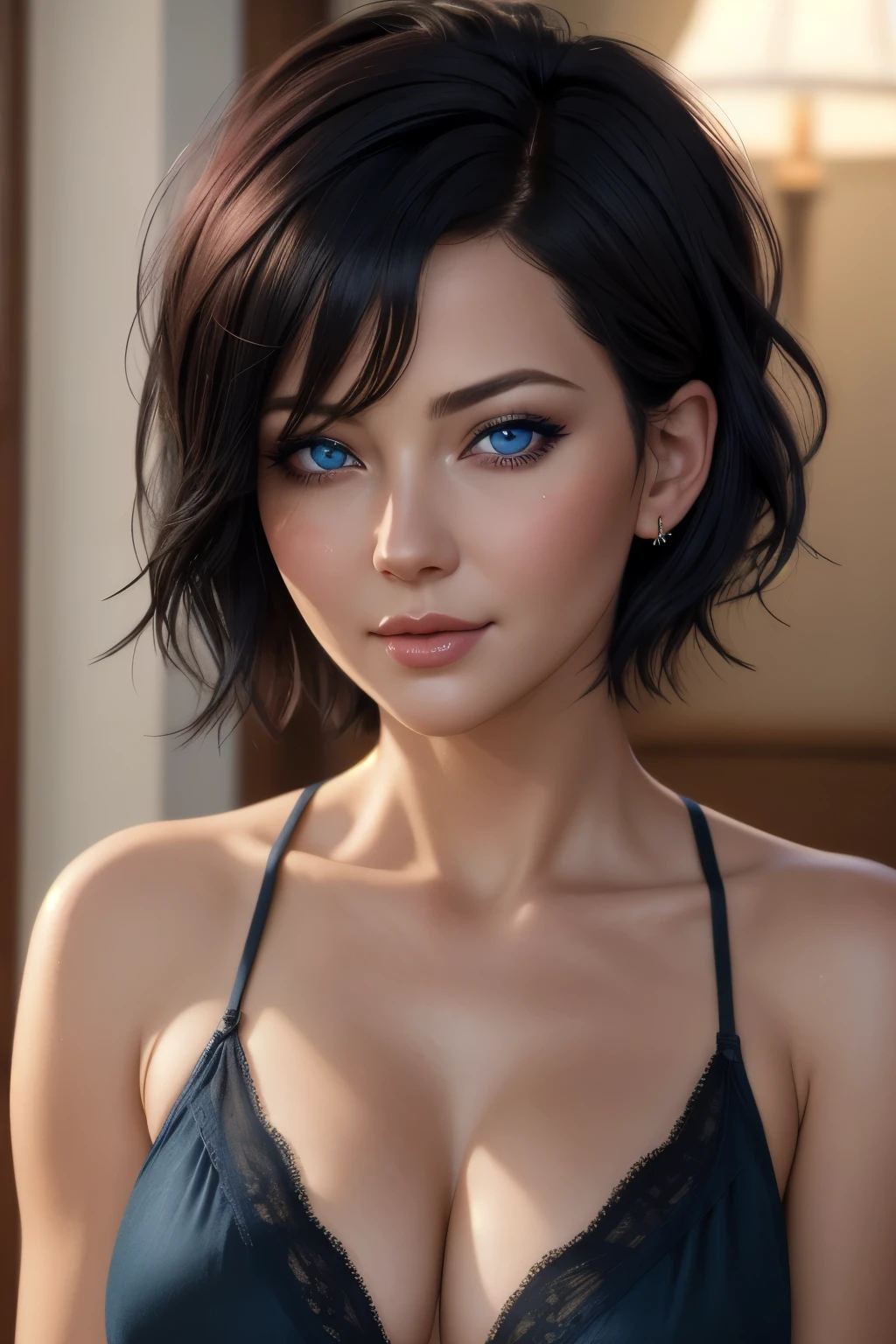 masterpiece,best quality,highres,photorealistic,mature female,sagging breasts,close-up,short_hair,hair_over_one_eye,blush,blue_eyes,black_hair,