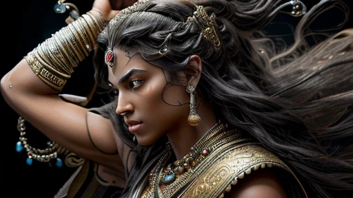 ultra-detailed, (photorealistic: 1.37), Caucasian woman, black hair flowing in the wind, warrior woman wielding various divine weapons, BATTLE AGAINST demons and zombies, gold ornaments, pearls and precious stones, Supreme Goddess, smoke and dust, epic atmosphere , heroic pose, excellent lighting