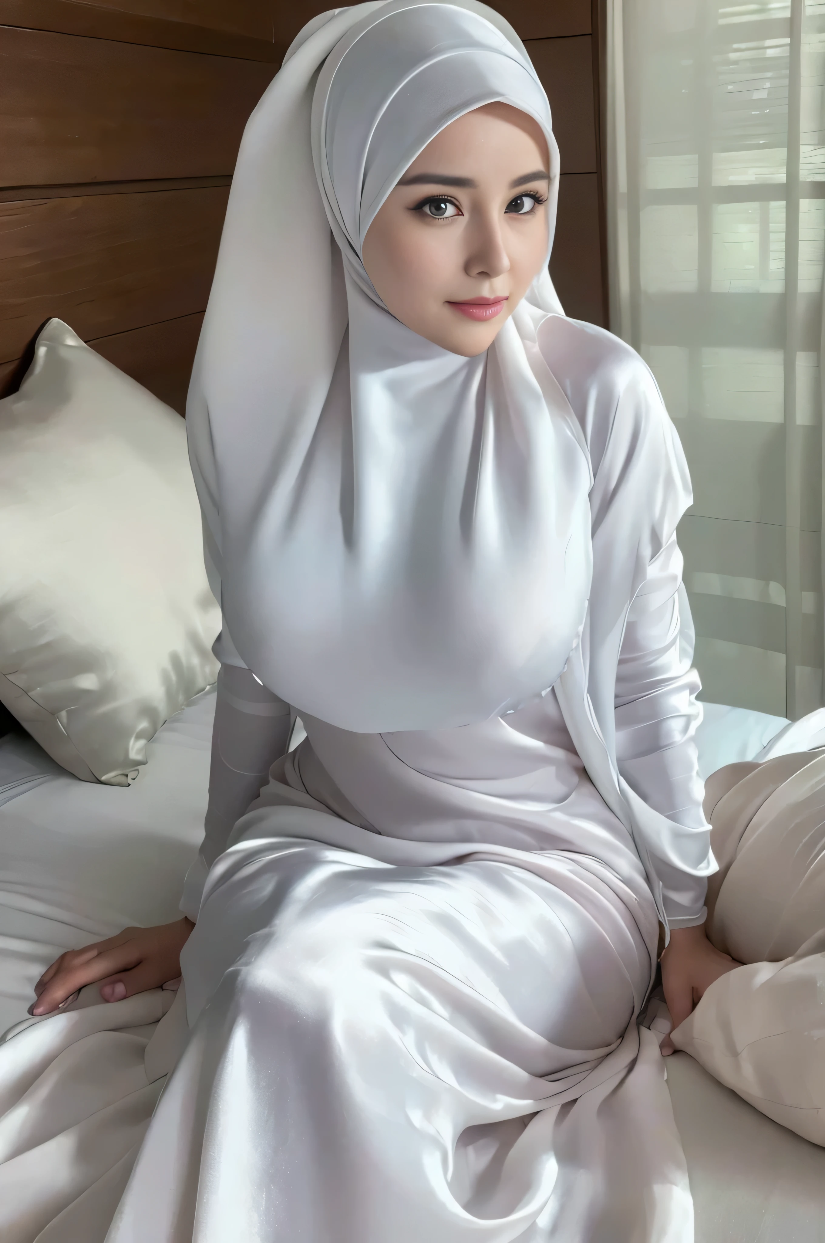 ((Marian Rivera)), 30 years old , ((big breast:1.4)), full body shot, slim body, lying on bed beautiful young lady, Nikon Z 85mm, ((best quality)) ((masterpiece)), intricate detail, sharp focuasterpiece:1.37), (photo, photorealistic:1.37), (ultrahigh-res),Full Body, view from back, slow motion, (insanely detailed, bloom:1.5), (highest quality, Alessandro Casagrande, Greg Rutkowski, Sally Mann, concept art, 4k), (analog:1.2), (high sharpness), (detailed pupils:1.1), detailed face and eyes, Masterpiece, best quality, (highly detailed photo:1.1), photographed by Canon EOS R6, 135mm, 1/1250s, f/2.8, ISO 400, Realistic, 8k, ((masterpiece)), professional, realistic, real life, hyperreal, photorealistic, fine detail, best quality, very Detailed CG unity 8k wallpaper, perfect artwork, Full body, shiny hair, glowing eyes, shiny skin, realistic, perfect female hourglass figure, thin waist, wide buttocks, looking at viewer, extremely delicate and beautiful,  perspective, revealing buttocks, perfect collarbone, golden ratio face, realistic facial expression, (exquisite detail, makeup, (exquisite beautiful exquisite face, delicate and beautiful eyes, a face with perfect proportions, high-detailed skin,((wearing silk white tear aodai with closed hijab)), luxury hotel bedroom, sexy dynamic posed, no mask,