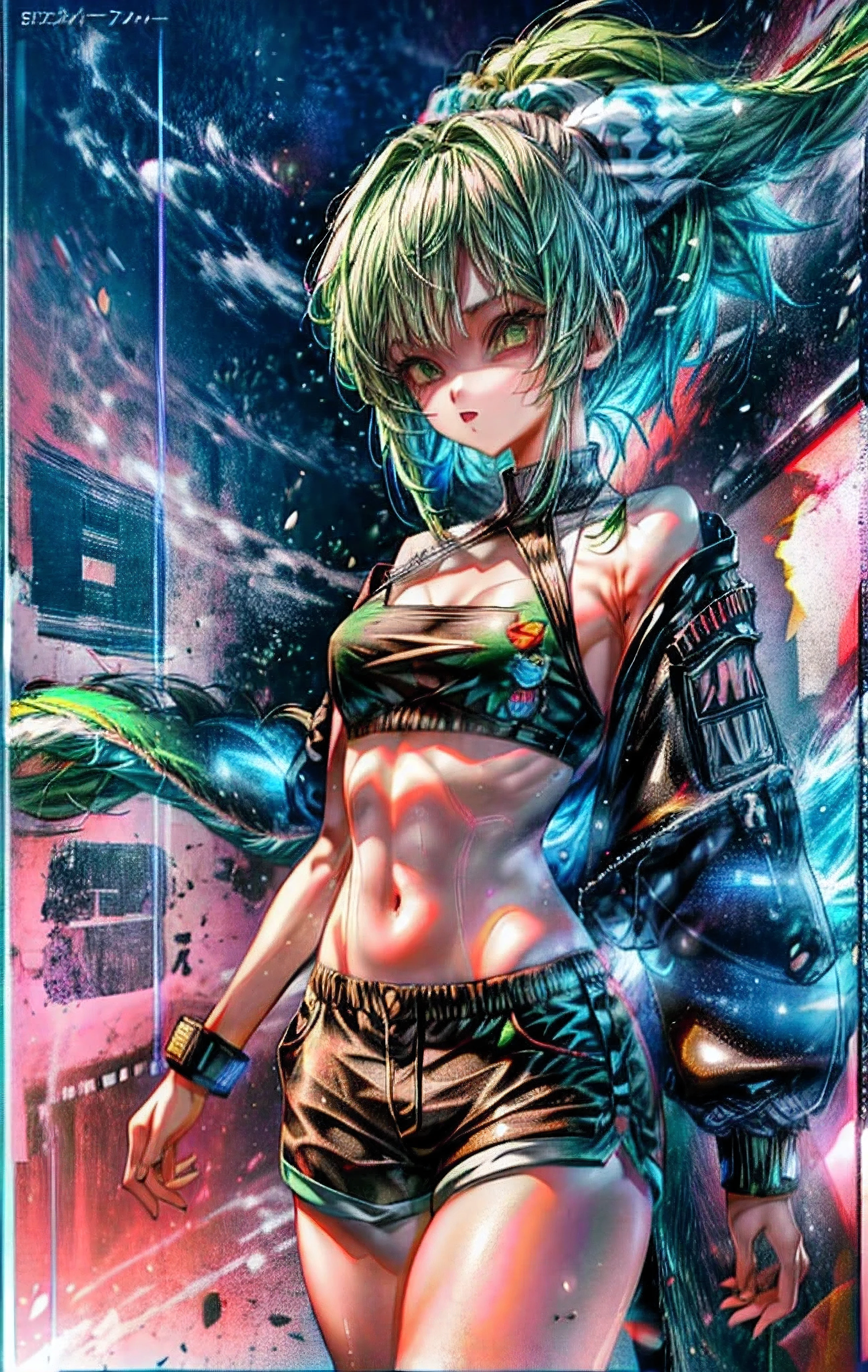 ((work of art,ultra-detailded, details Intricate, best qualityer,illustration)),1 girl, standing alone, high resolution, yellow eyes, hair green, shorth hair, , pantless, breasts small, Skinny, detailded, swirly vibrant colors, hight contrast, dynamic lighting, lifelike textures, illustration aesthetic, fuu (Fuu)