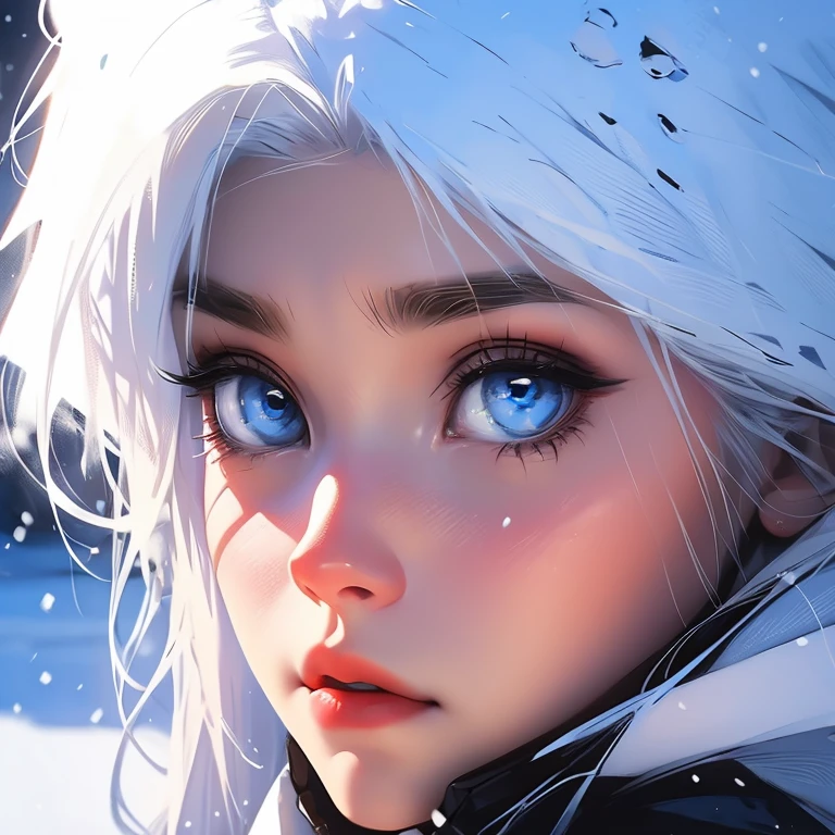 girl with white hair and bright blue eyes looking at viewer, white wolf with bright blue eyes, snowy landscape, close up, 8k, uhd, masterpiece,