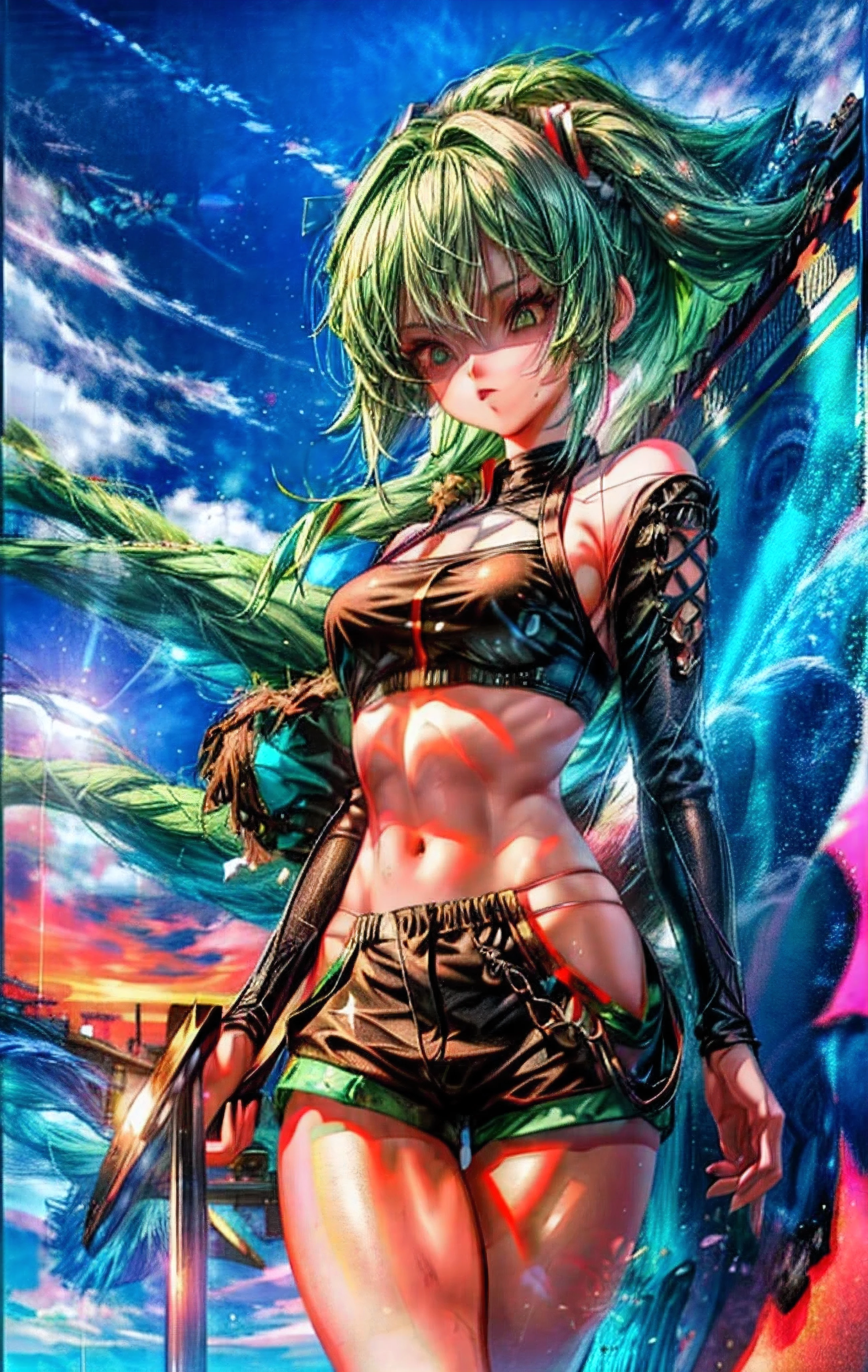 a close up of a woman with green hair and a white top, bulma from dragon ball, realistic shaded perfect body, leeloo outfit, bra and shorts streetwear, realistic anime 3 d style, realistic bikini, photorealistic anime girl render, photorealistic perfect body, 3 d anime realistic, as a character in tekken, anime styled 3d, female outfit