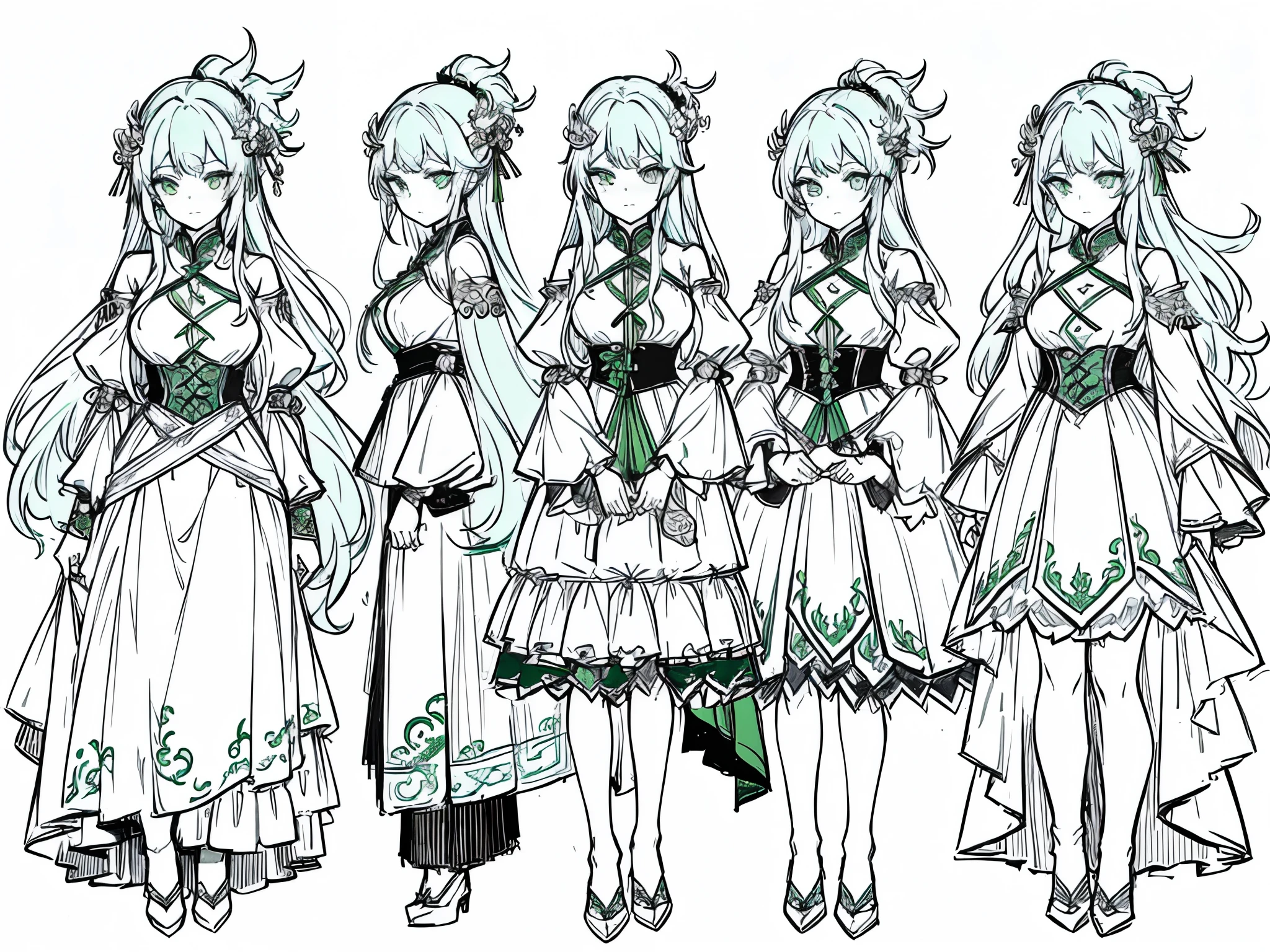 20th generation women、green hair、long hair、green eyes、dragon horn、golden hair ornament、white cheongsam、various expressions（joy, anger, sadness）、Rough sketches of the structure of clothes and hair ornaments, etc.、character sketch、concept art、Reference sheet