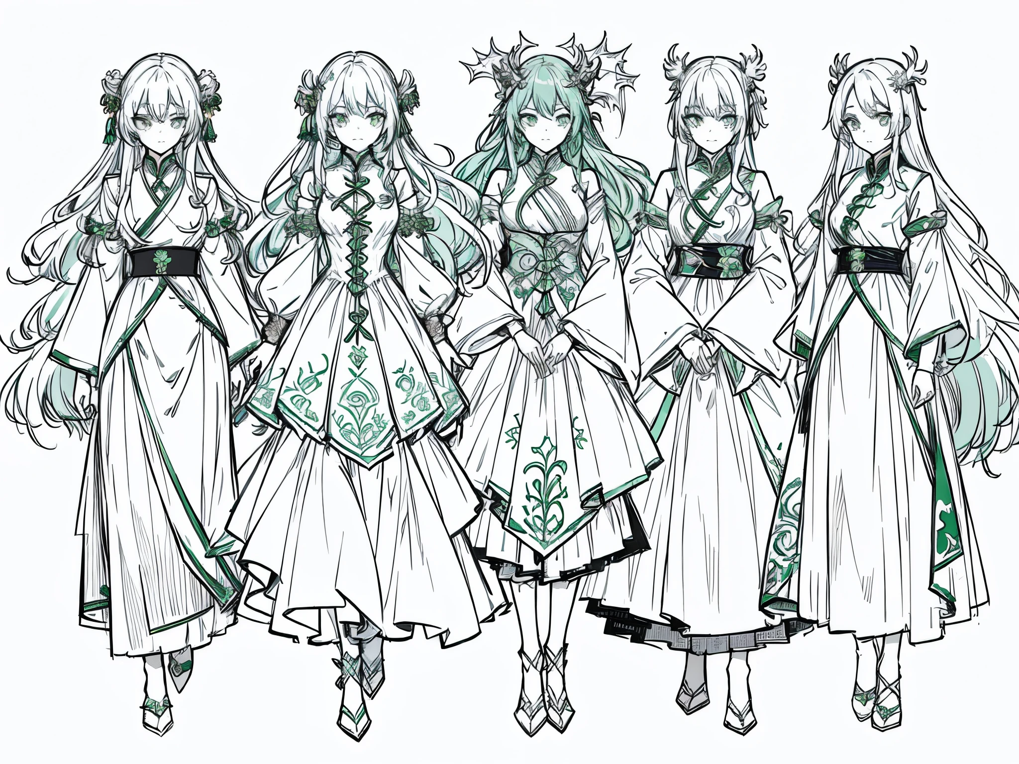 20th generation women、green hair、long hair、green eyes、dragon horn、golden hair ornament、white cheongsam、various expressions（joy, anger, sadness）、Rough sketches of the structure of clothes and hair ornaments, etc.、character sketch、concept art、Reference sheet