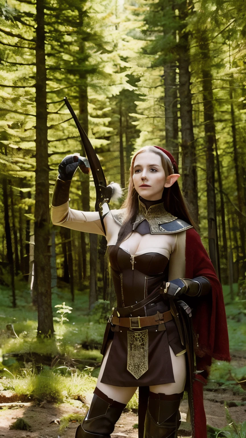 Baldur's Gate 3, elf with jackal chest, crossbow, in the forest on the clearing, practicing shooting